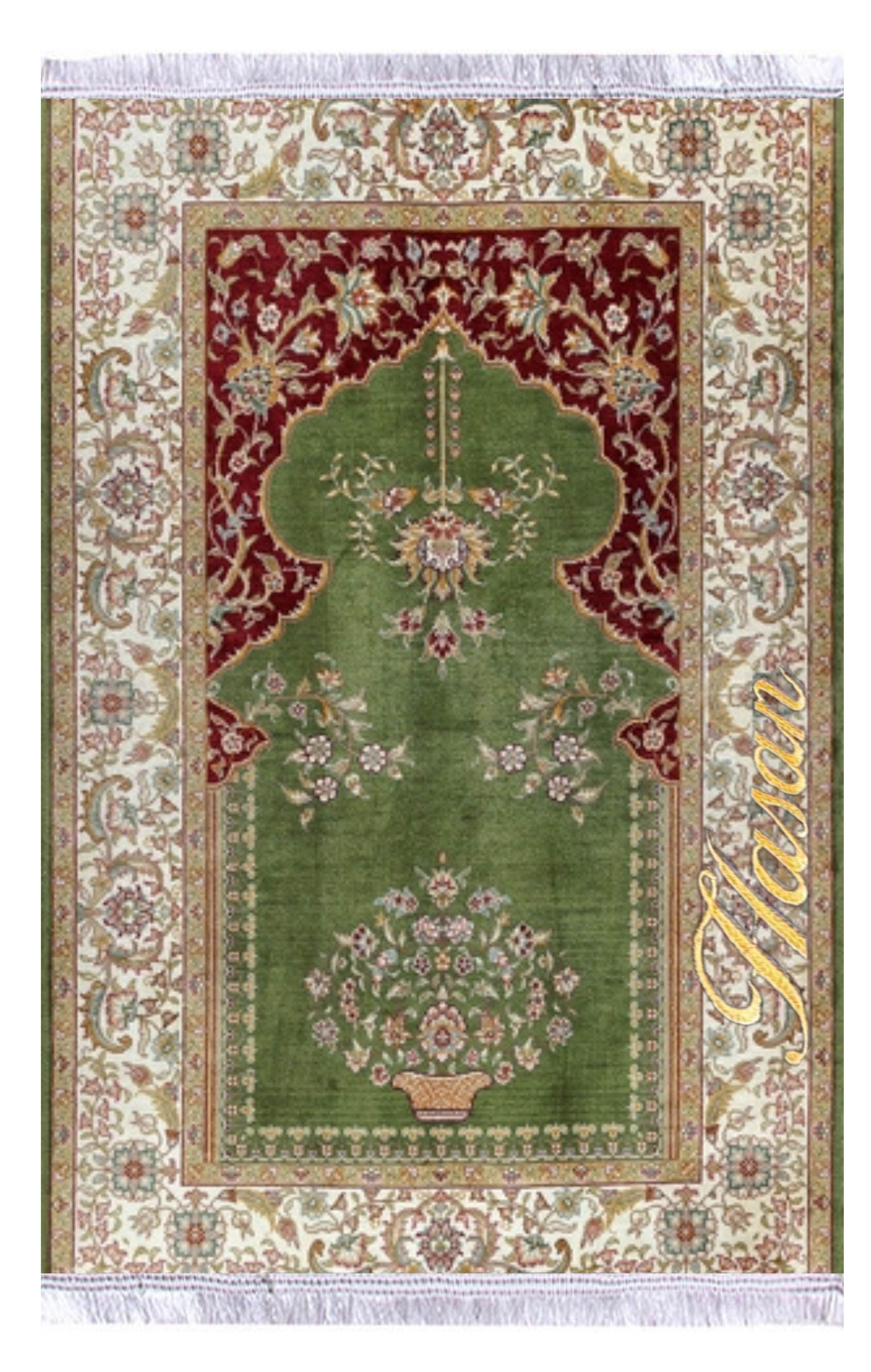 Yeşil Bej İsme Özel Keten Astarlı Lüks Seccade - Carpetella