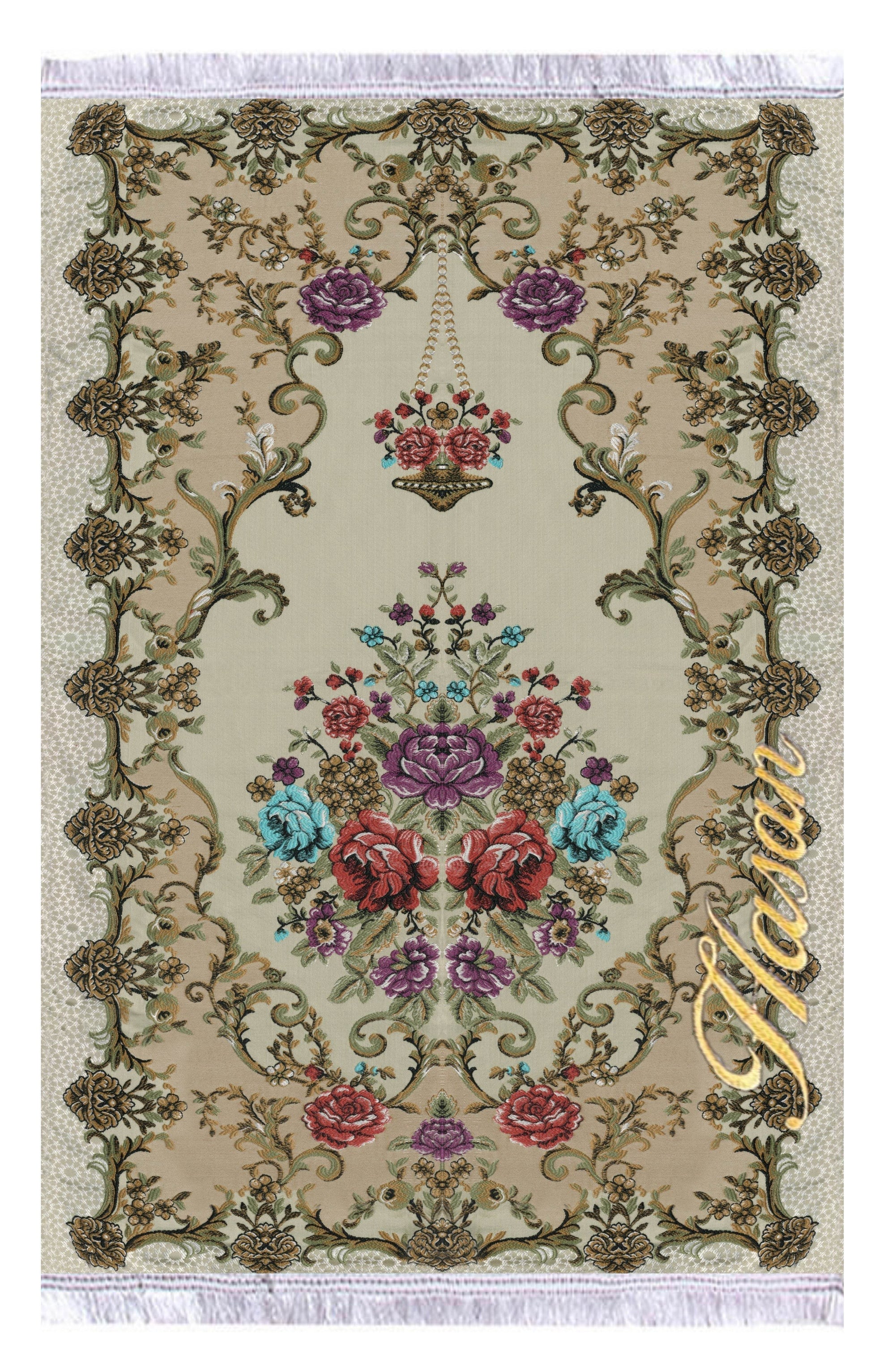 Çiçek Gri Desenli İsme Özel Keten Astarlı Lüks Seccade - Carpetella