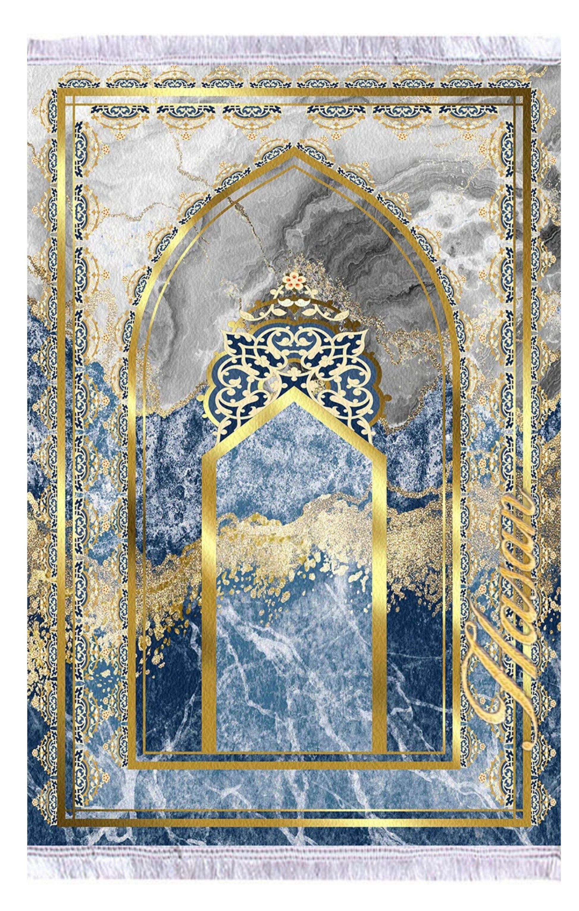 İsme Özel Mavi Keten Astarlı Lüks Seccade - Carpetella