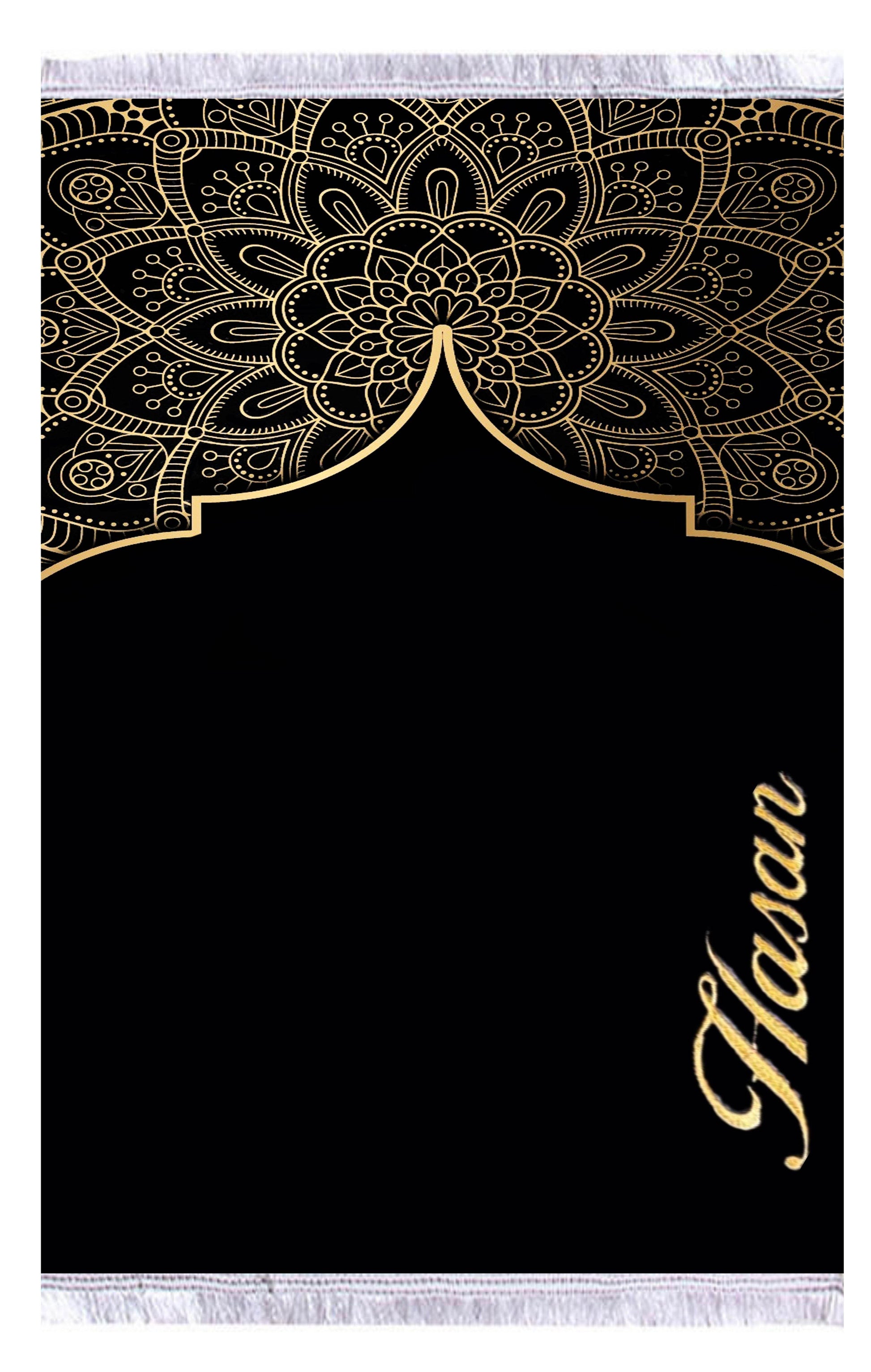 Siyah Sarı İsme Özel Keten Astarlı Lüks Seccade - Carpetella