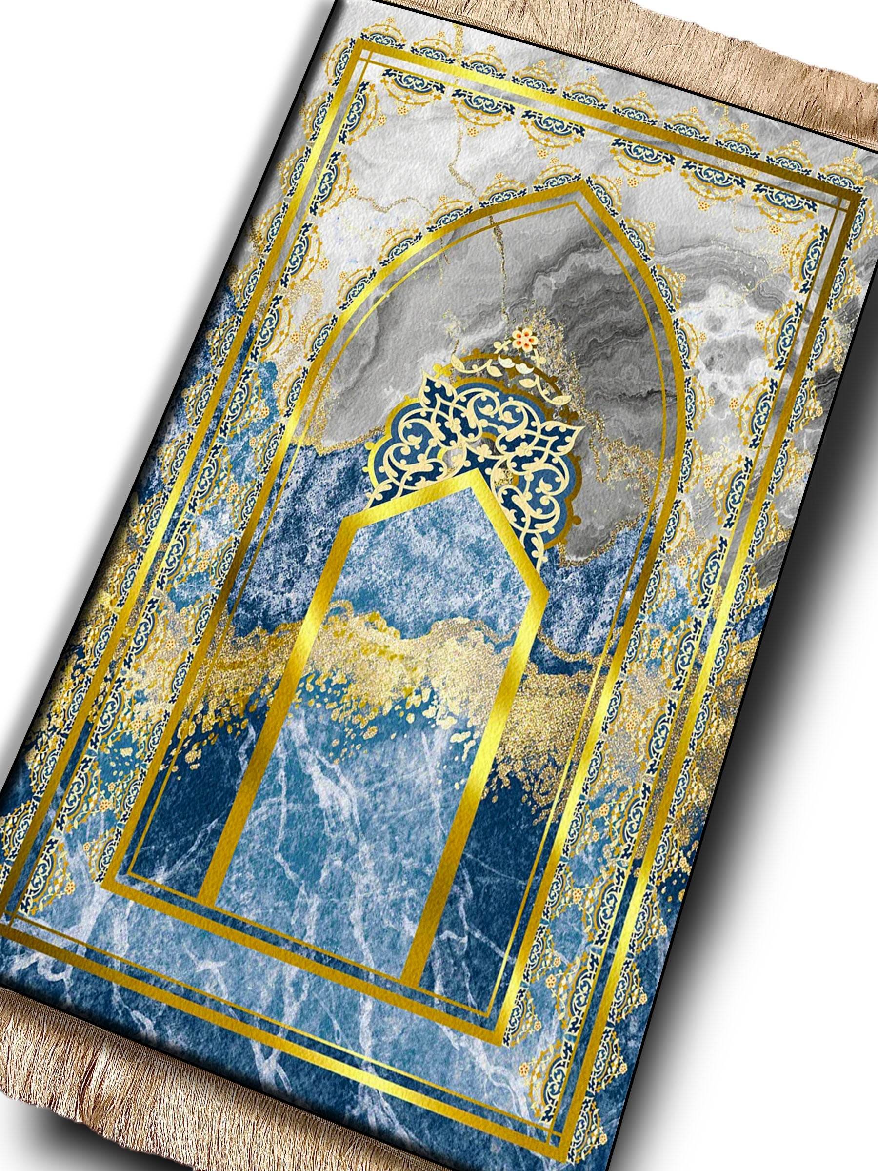 İsme Özel Mavi Keten Astarlı Lüks Seccade - Carpetella