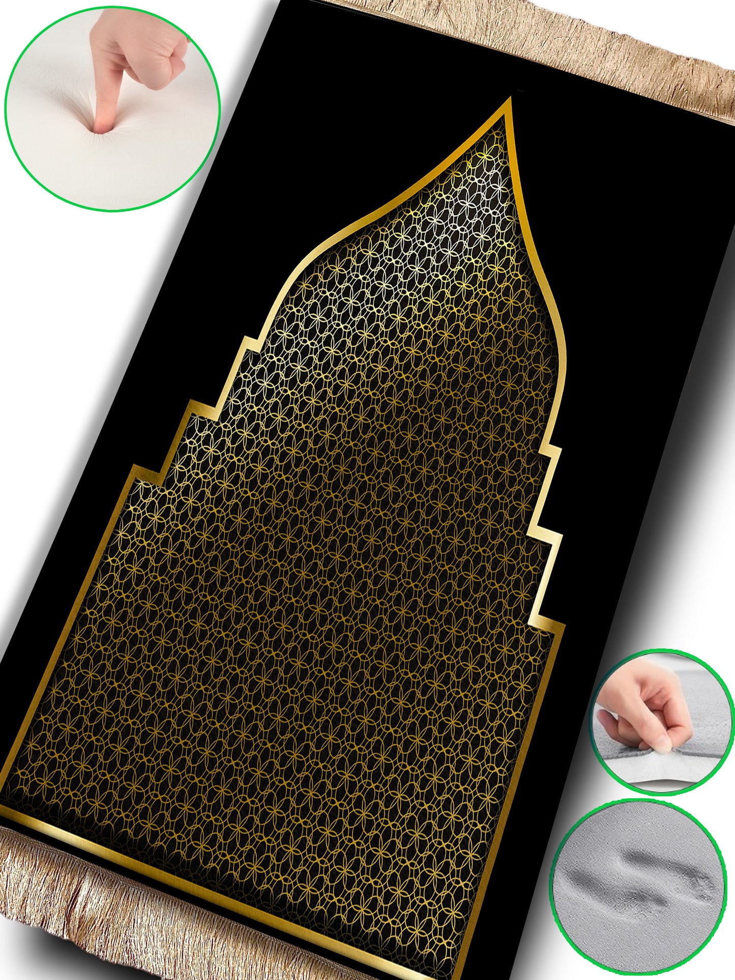 2 CM (0.8 Inch) Foam Thick Padded Prayer Rug Mat With Soft Velvet Anti-Slip Door Black Gold Janamaz Muslim Sejadah