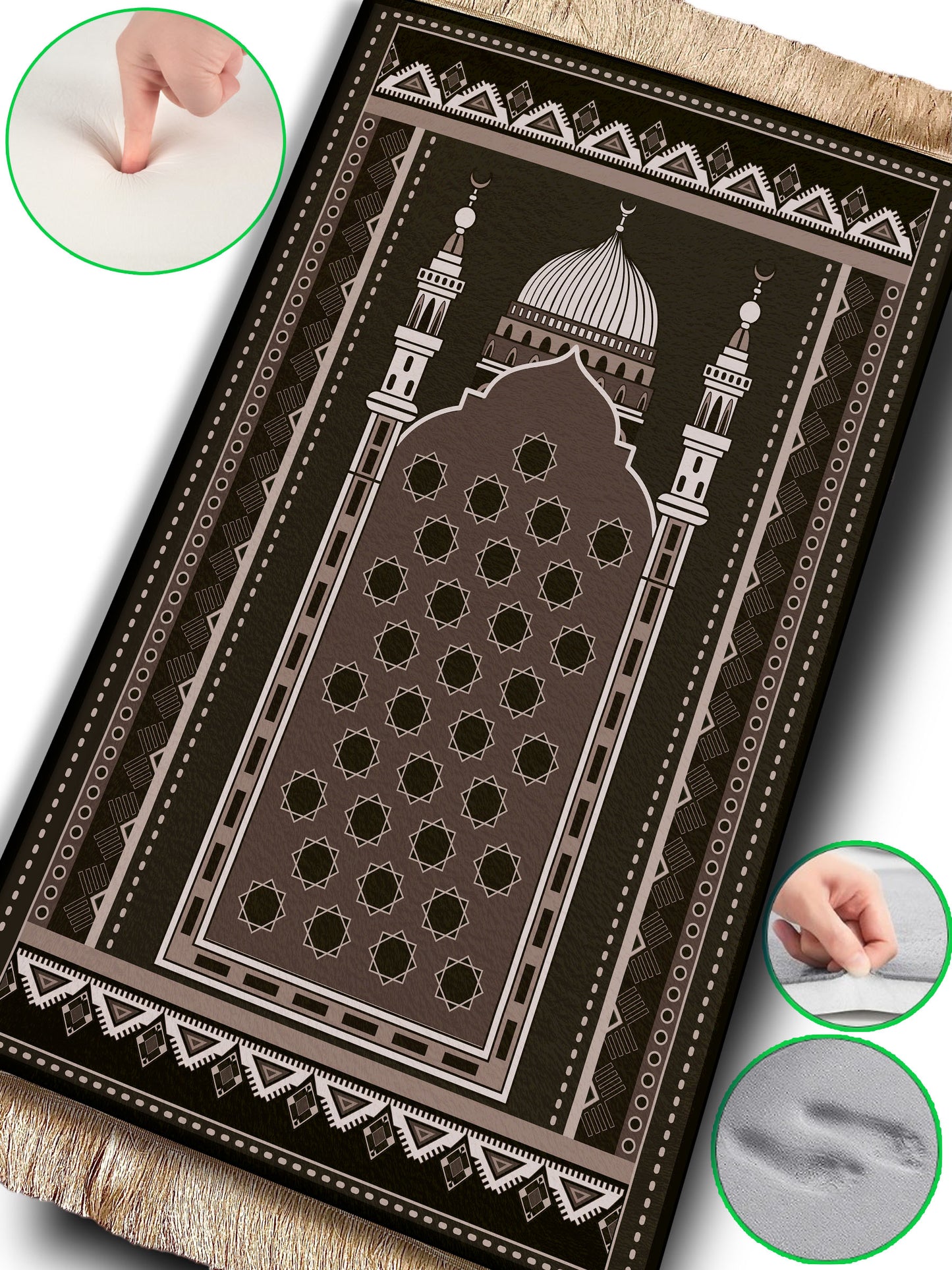 2 CM (0.8 Inch) Foam Thick Padded Prayer Rug Mat With Soft Velvet Anti-Slip Black Mosque Janamaz Muslim Sejadah