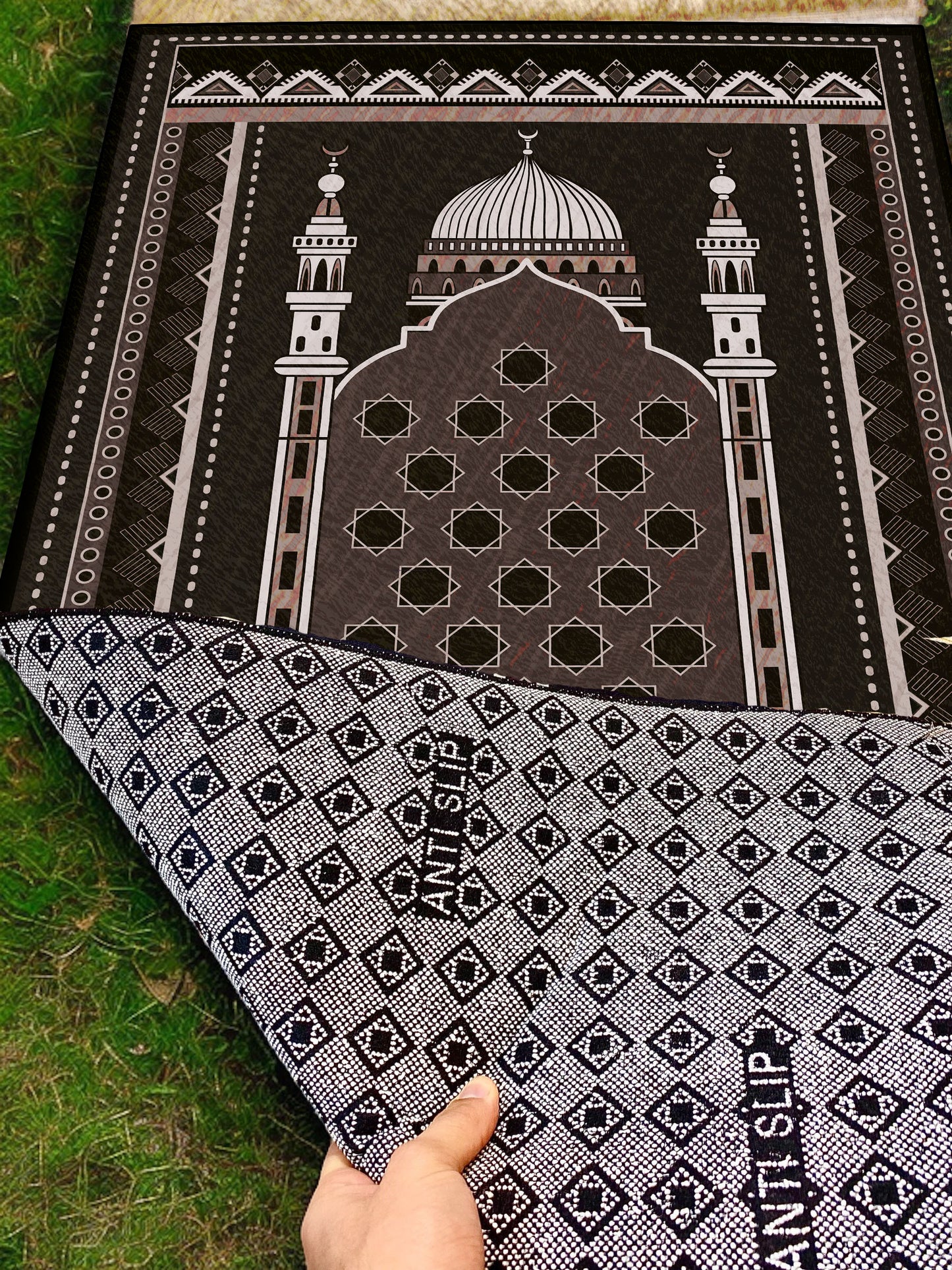 2 CM (0.8 Inch) Foam Thick Padded Prayer Rug Mat With Soft Velvet Anti-Slip Black Mosque Janamaz Muslim Sejadah