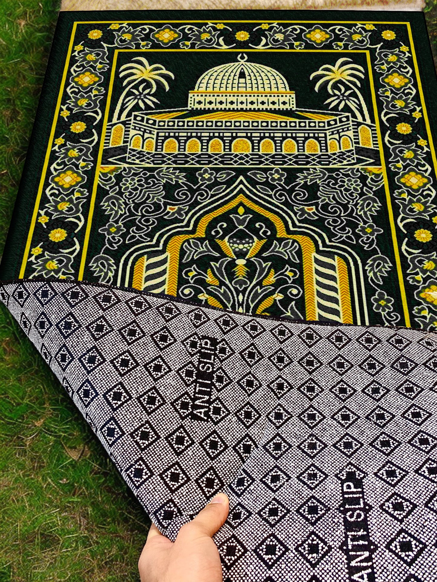 2 CM (0.8 Inch) Foam Thick Padded Prayer Rug Mat With Soft Velvet Anti-Slip Black Yellow Janamaz Muslim Sejadah