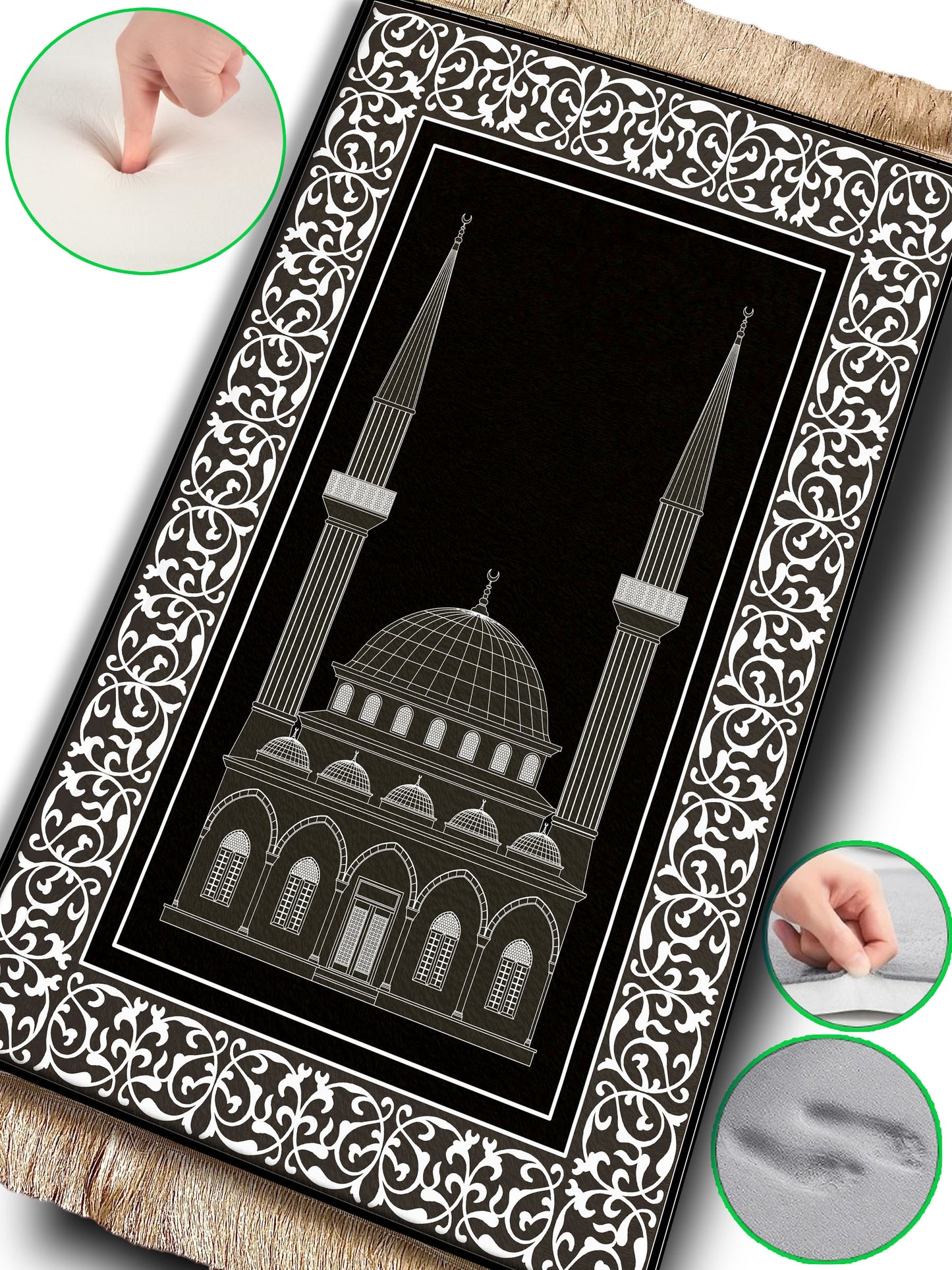 2 CM (0.8 Inch) Foam Thick Padded Prayer Rug Mat With Soft Velvet Anti-Slip Black White Mosque Janamaz Muslim Sejadah