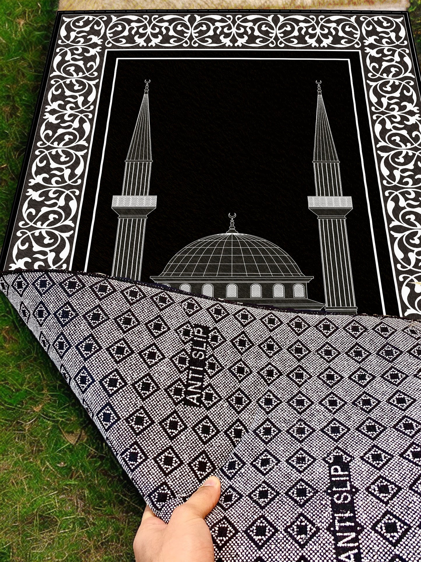 2 CM (0.8 Inch) Foam Thick Padded Prayer Rug Mat With Soft Velvet Anti-Slip Black White Mosque Janamaz Muslim Sejadah