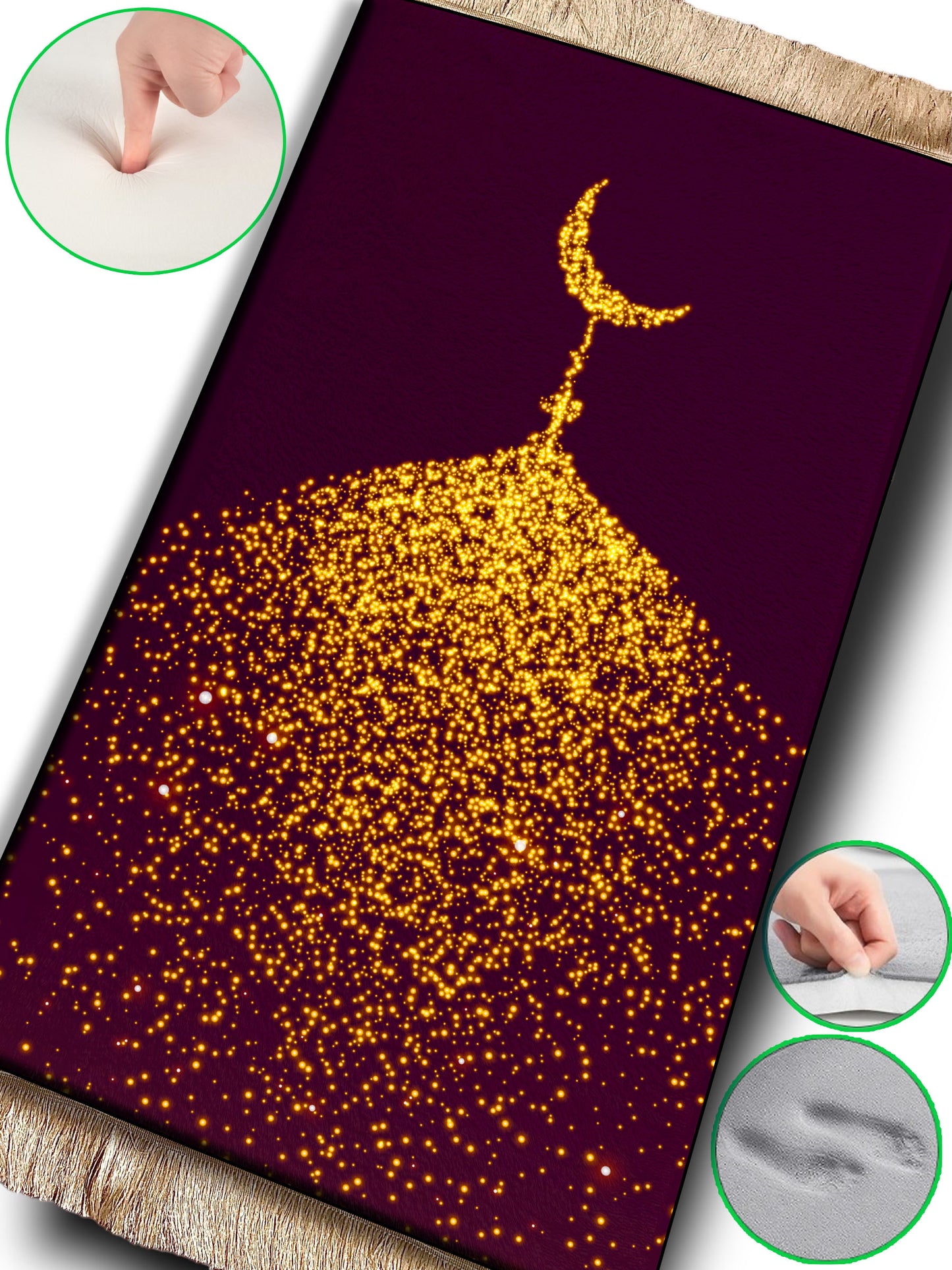 2 CM (0.8 Inch) Foam Thick Padded Prayer Rug Mat With Soft Velvet Anti-Slip Moon Gold Janamaz Muslim Sejadah