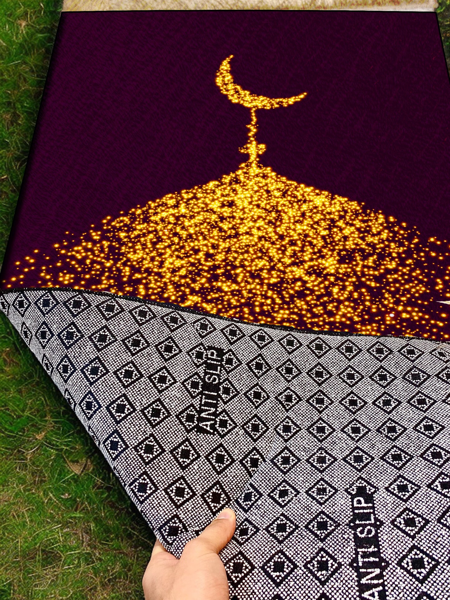 2 CM (0.8 Inch) Foam Thick Padded Prayer Rug Mat With Soft Velvet Anti-Slip Moon Gold Janamaz Muslim Sejadah