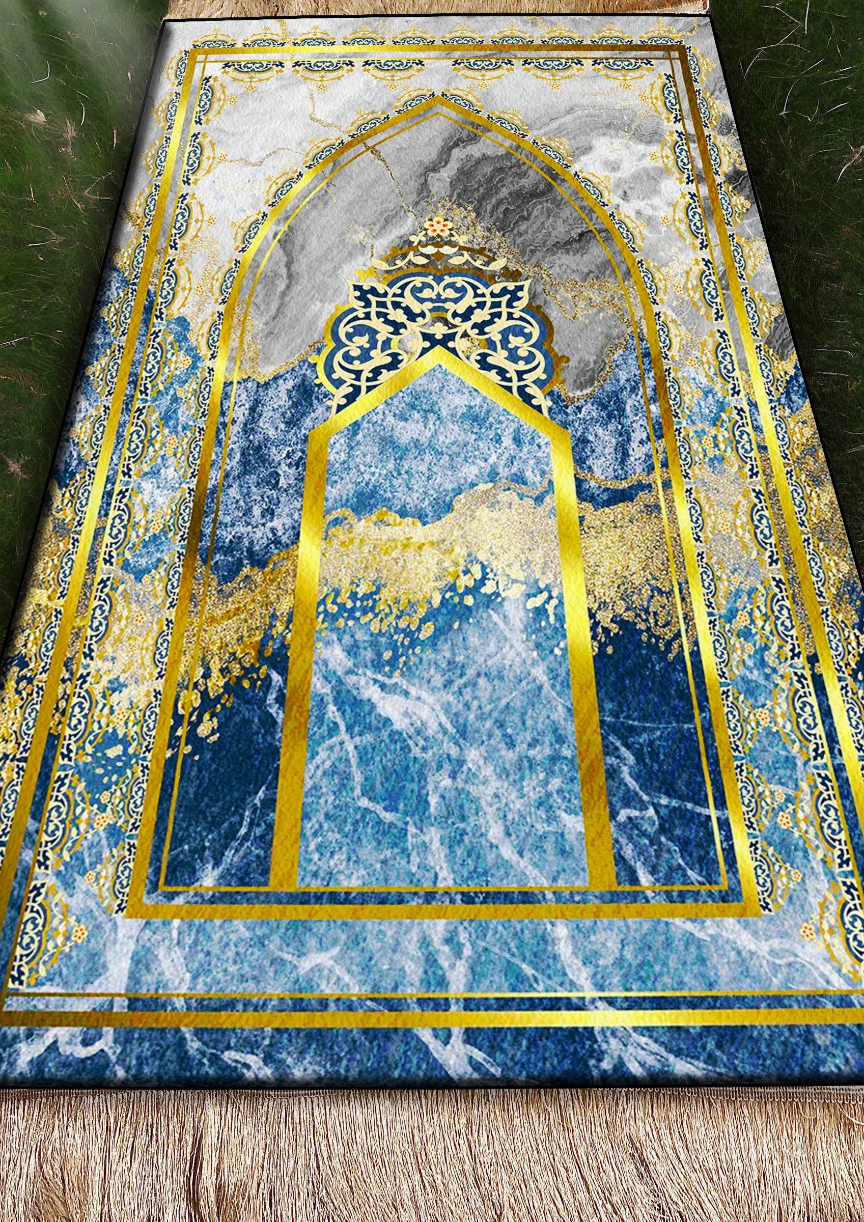 Mavi Gold Keten Astarlı Kadife Seccade - 70x120cm - Carpetella