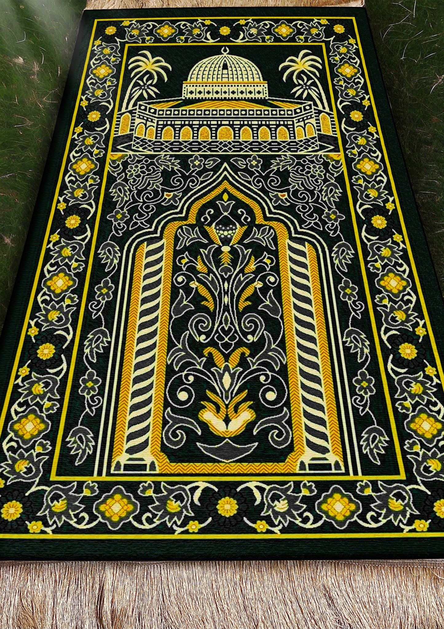 2 CM (0.8 Inch) Foam Thick Padded Prayer Rug Mat With Soft Velvet Anti-Slip Black Yellow Janamaz Muslim Sejadah