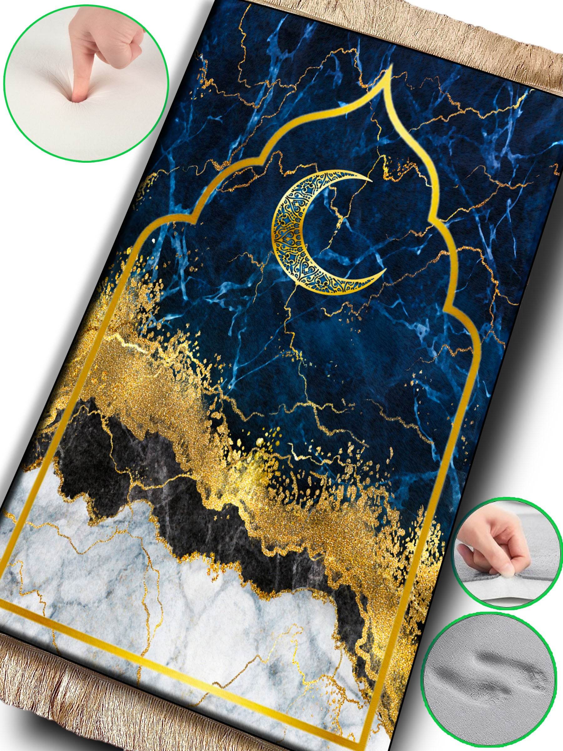 3 CM Süngerli Ortopedik Seccade - Lacivert Gold Kadife Çeyizlik Seccade - Carpetella