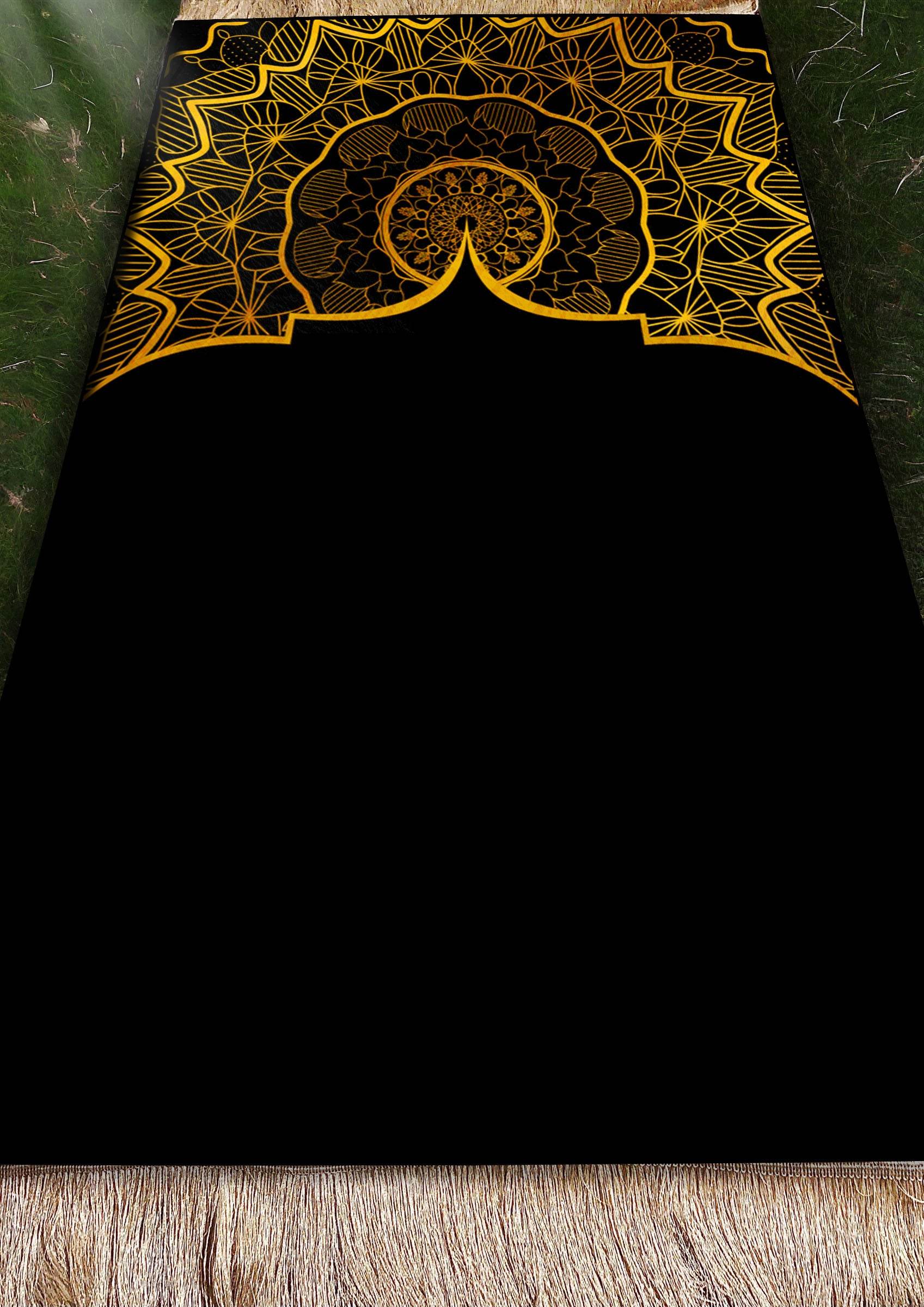 Siyah Sarı Desenli İsme Özel Keten Astarlı Lüks Seccade - Carpetella