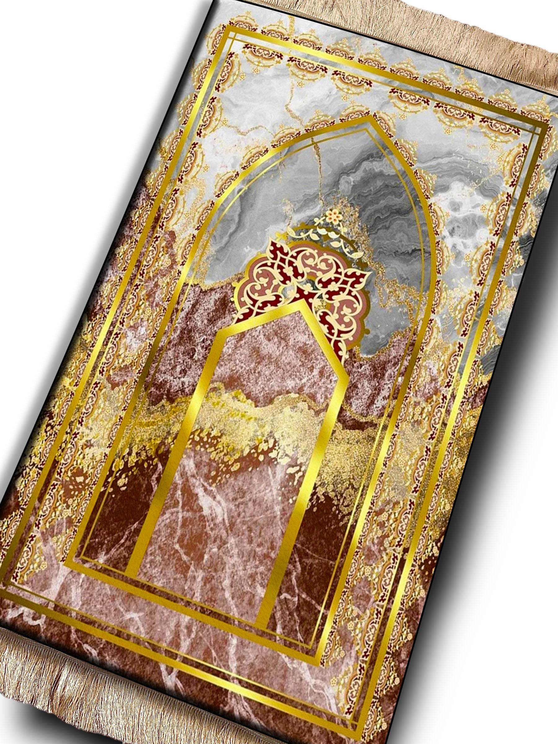 Gold Mermer Keten Astarlı Kadife Seccade - 70x120cm - Carpetella