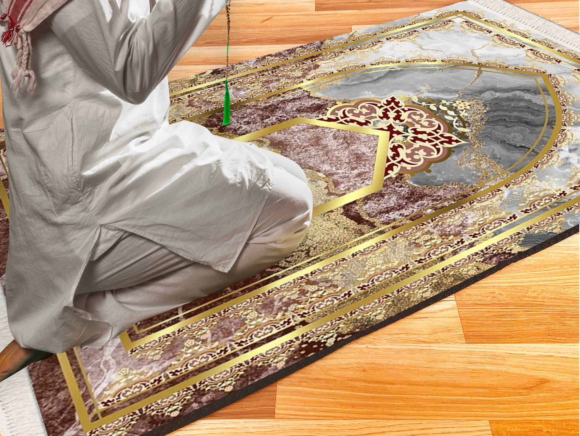 Gold Mermer Keten Astarlı Kadife Seccade - 70x120cm - Carpetella