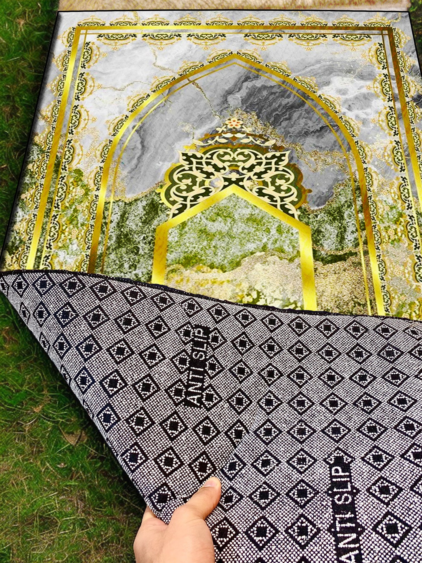 2 CM (0.8 Inch) Foam Thick Padded Prayer Rug Mat With Soft Velvet Anti-Slip Green Gold Marble Janamaz Muslim Sejadah