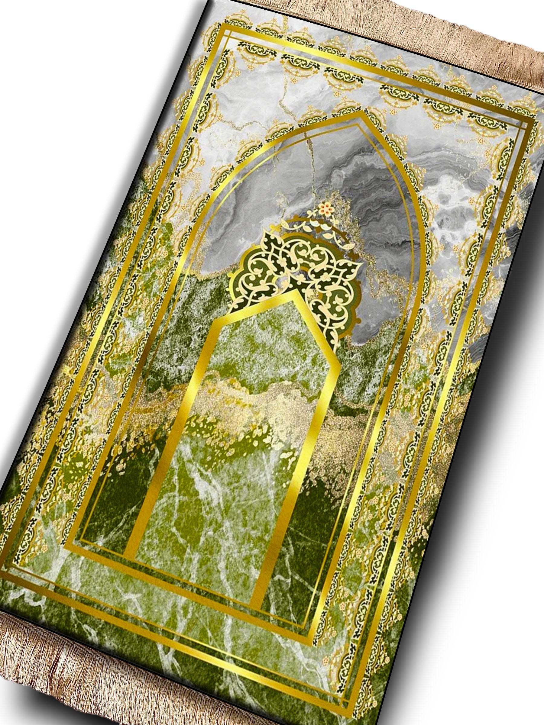 Yeşil Gold Desenli İsme Özel Keten Astarlı Lüks Seccade - Carpetella