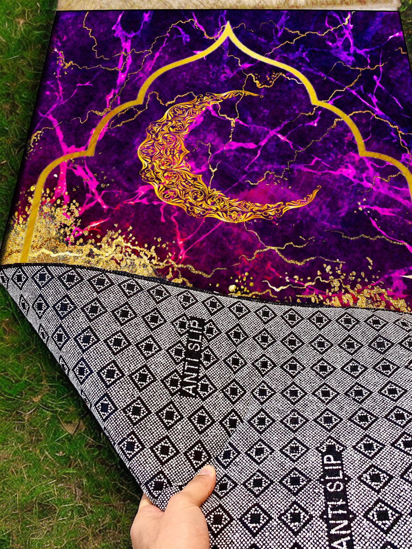 2 CM (0.8 Inch) Foam Thick Padded Prayer Rug Mat With Soft Velvet Anti-Slip Purple Gold Marble Janamaz Muslim Sejadah