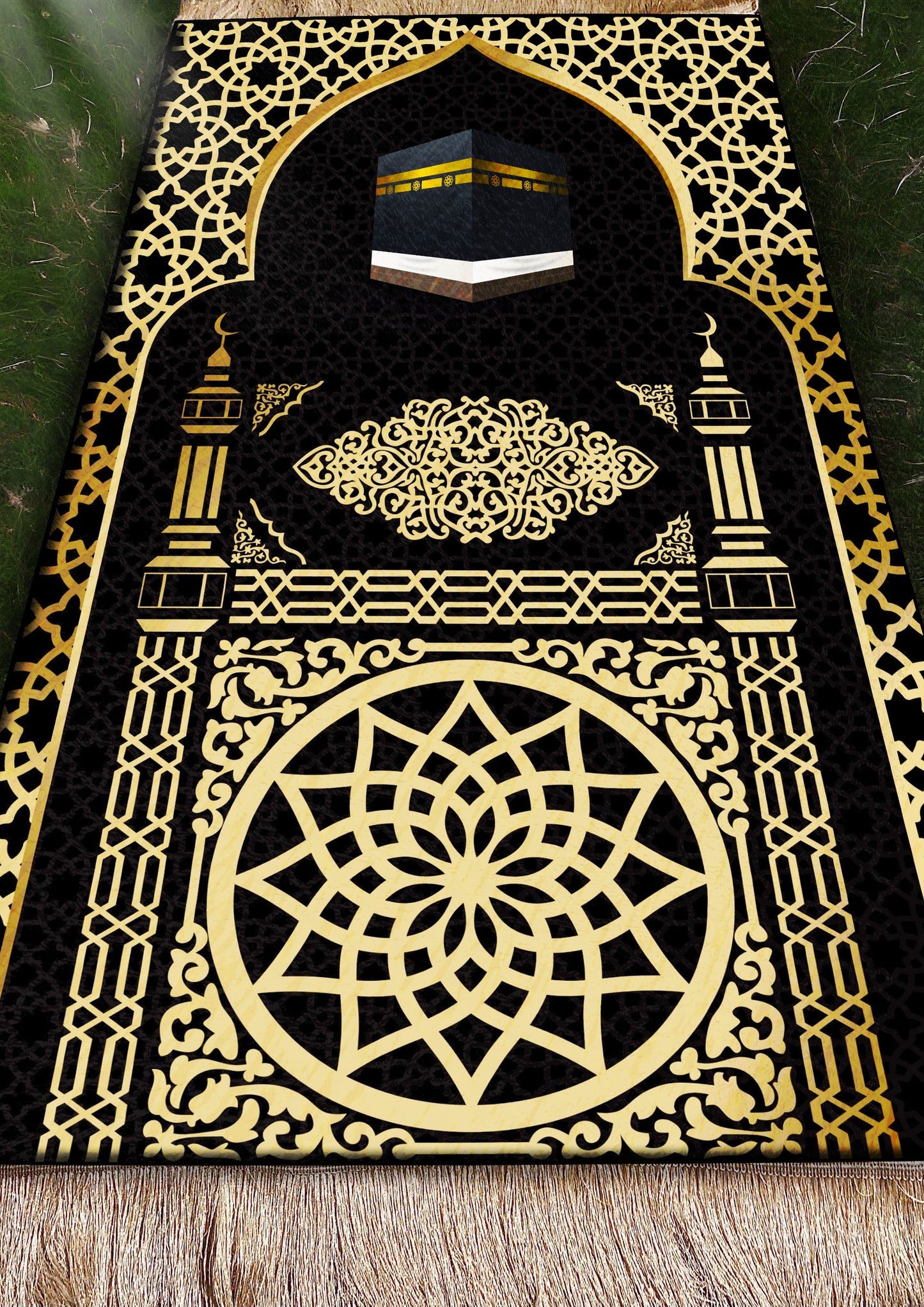 2 CM (0.8 Inch) Foam Thick Padded Prayer Rug Mat With Soft Velvet Anti-Slip Gold Kaaba Janamaz Muslim Sejadah