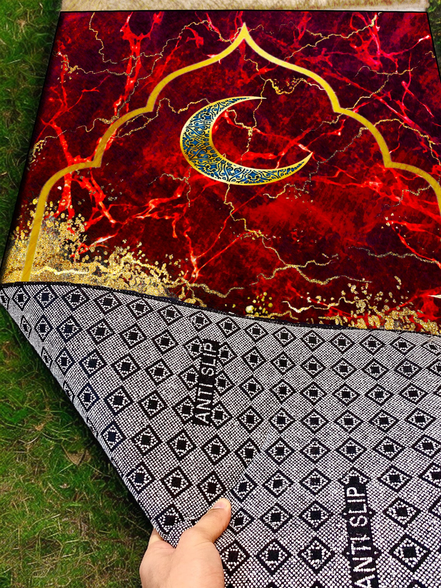 2 CM (0.8 Inch) Foam Thick Padded Prayer Rug Mat With Soft Velvet Anti-Slip Red Gold Marble Janamaz Muslim Sejadah