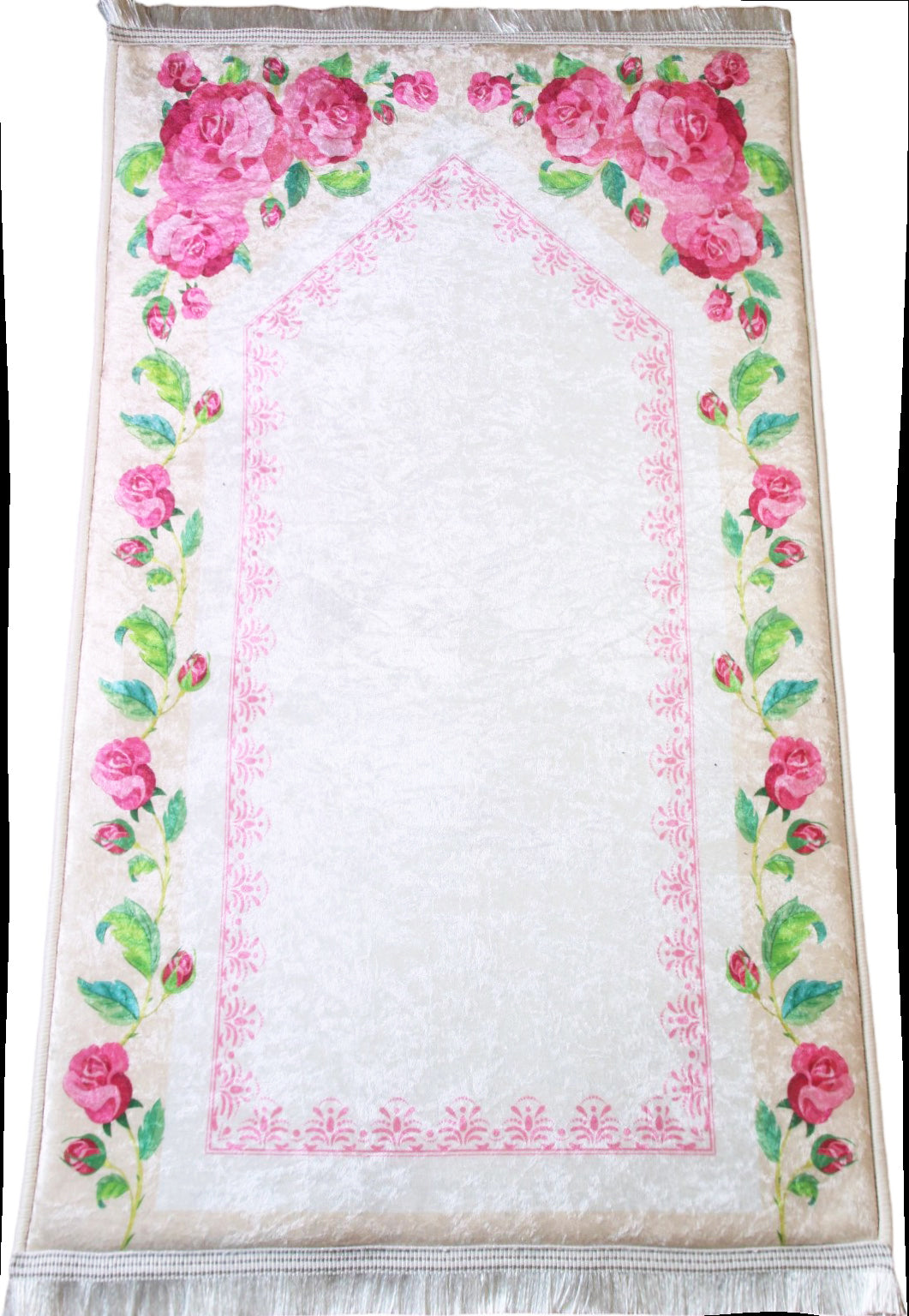 2 CM (0.8 Inch) Foam Thick Padded Prayer Rug Mat With Soft Velvet Anti-Slip Floral Rose Pink Islamic Janamaz Muslim Sejadah