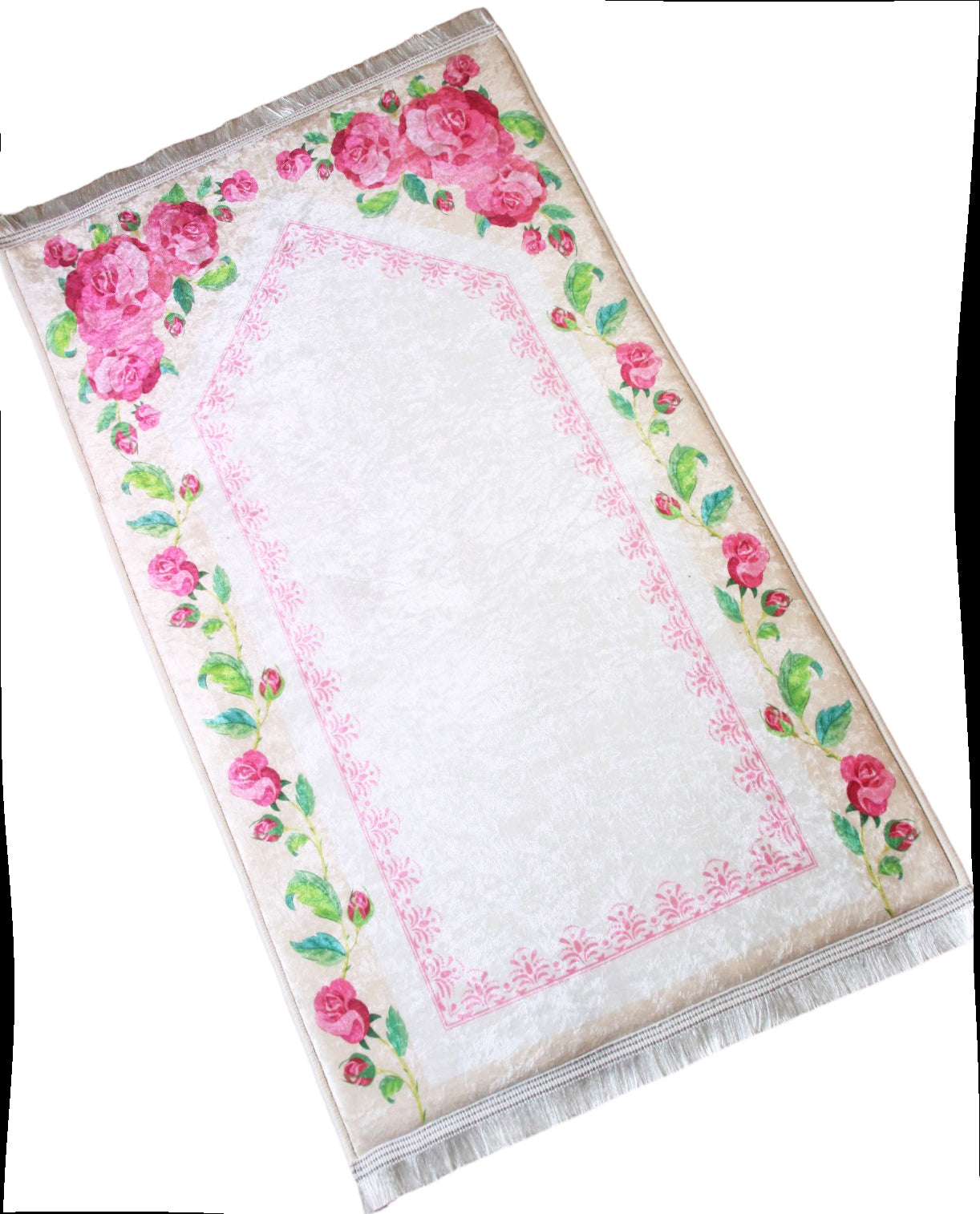 2 CM (0.8 Inch) Foam Thick Padded Prayer Rug Mat With Soft Velvet Anti-Slip Floral Rose Pink Islamic Janamaz Muslim Sejadah