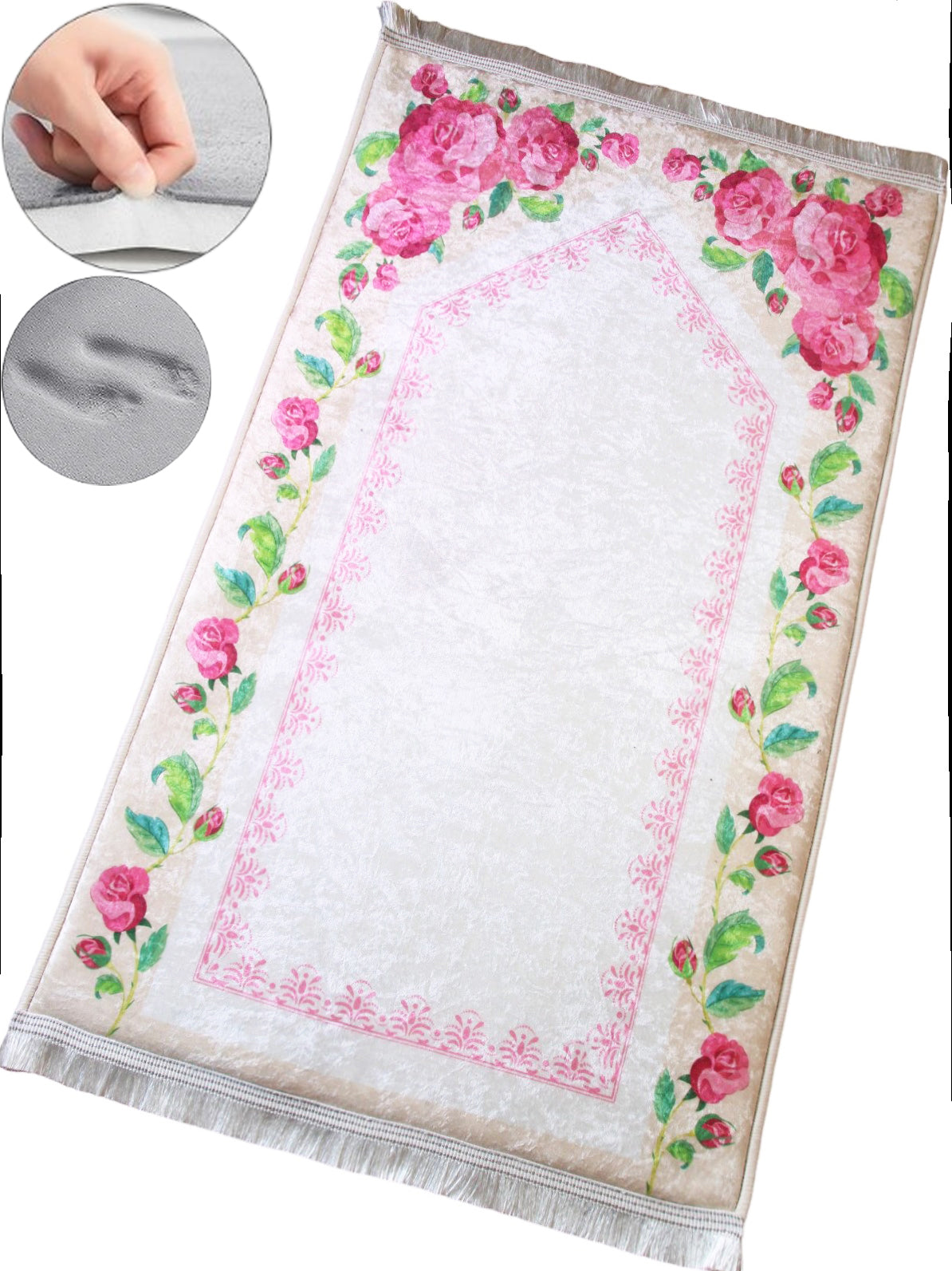 2 CM (0.8 Inch) Foam Thick Padded Prayer Rug Mat With Soft Velvet Anti-Slip Floral Rose Pink Islamic Janamaz Muslim Sejadah