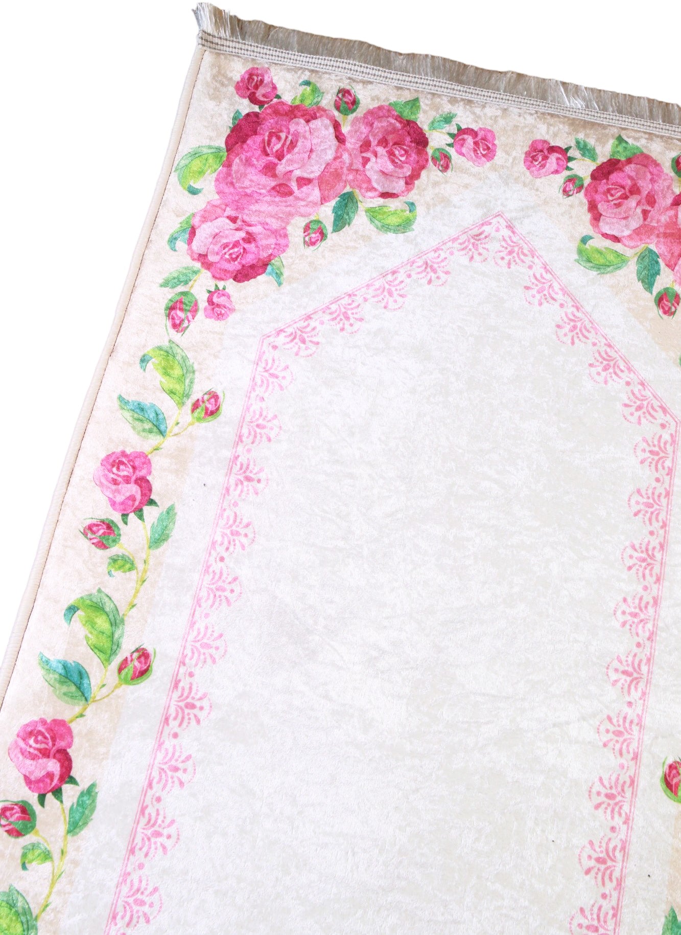 2 CM (0.8 Inch) Foam Thick Padded Prayer Rug Mat With Soft Velvet Anti-Slip Floral Rose Pink Islamic Janamaz Muslim Sejadah