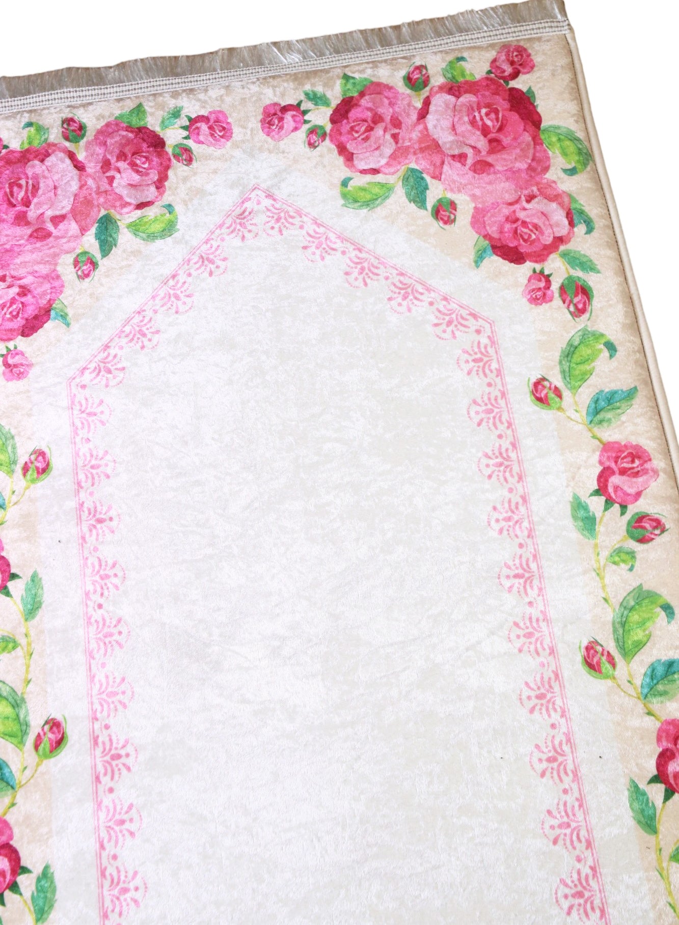 2 CM (0.8 Inch) Foam Thick Padded Prayer Rug Mat With Soft Velvet Anti-Slip Floral Rose Pink Islamic Janamaz Muslim Sejadah