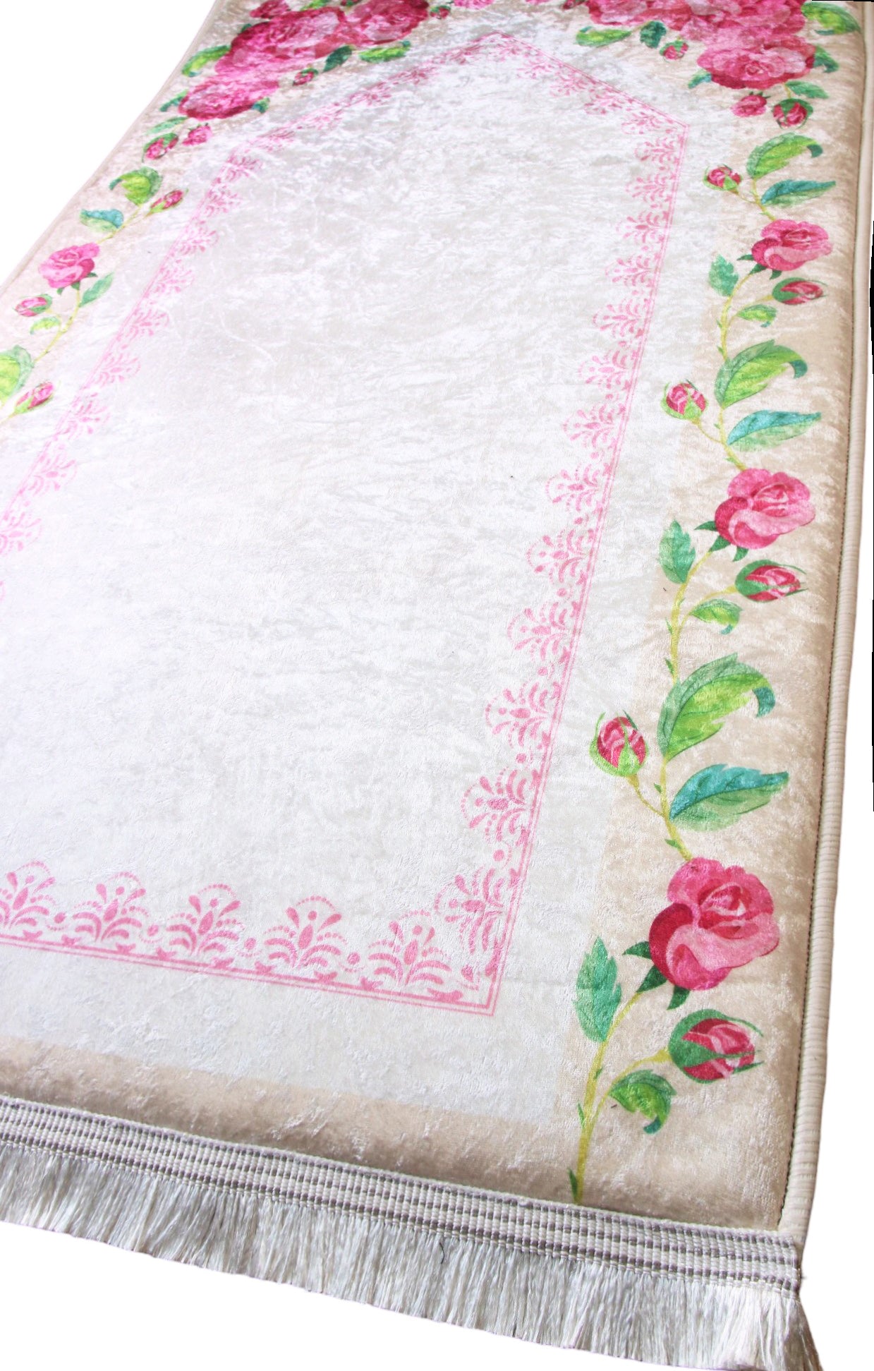 2 CM (0.8 Inch) Foam Thick Padded Prayer Rug Mat With Soft Velvet Anti-Slip Floral Rose Pink Islamic Janamaz Muslim Sejadah