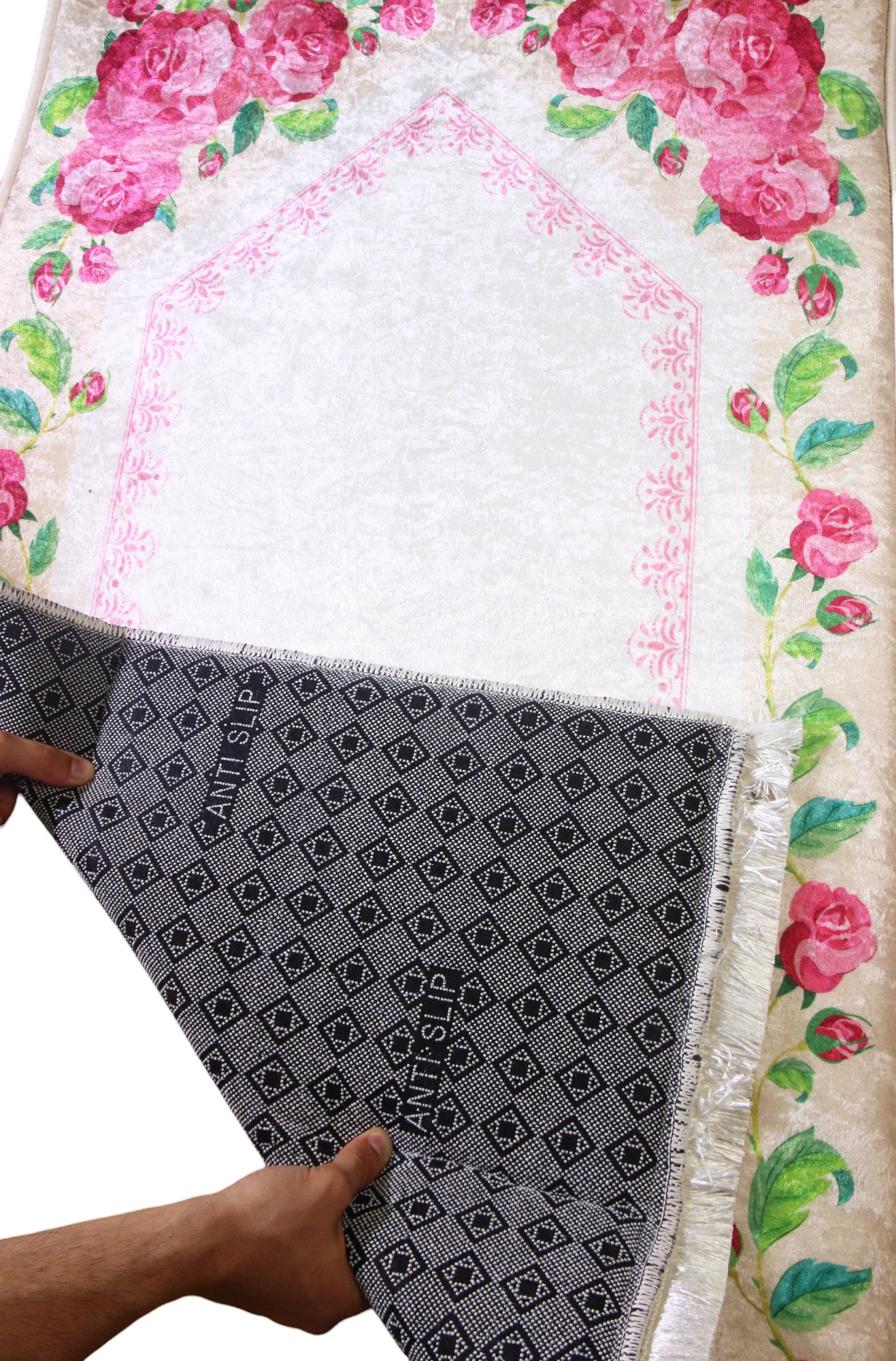 2 CM (0.8 Inch) Foam Thick Padded Prayer Rug Mat With Soft Velvet Anti-Slip Floral Rose Pink Islamic Janamaz Muslim Sejadah