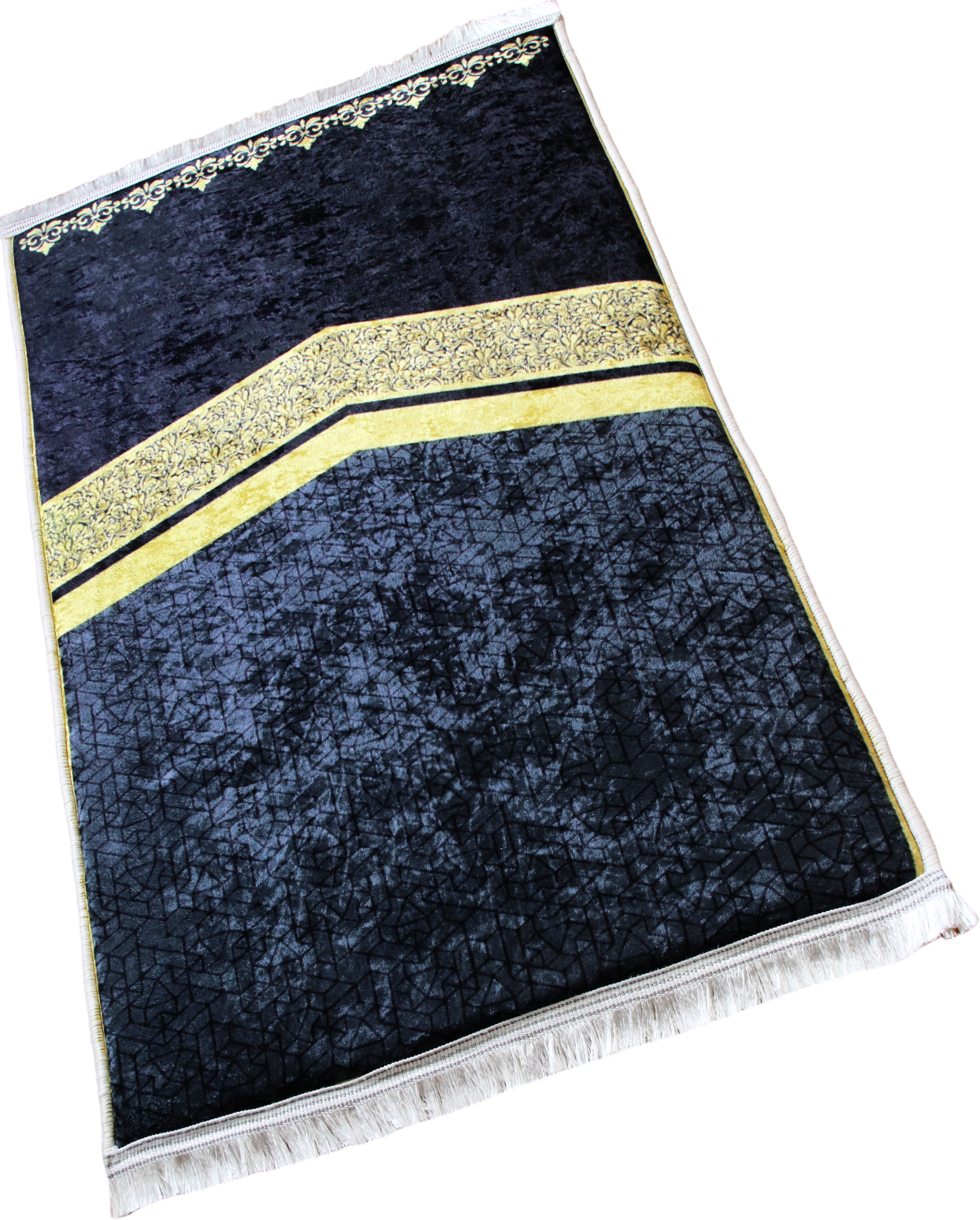 2 CM (0.8 Inch) Foam Thick Padded Prayer Rug Mat With Soft Velvet Anti-Slip Kaaba Gold Black Islamic Janamaz Muslim Sejadah