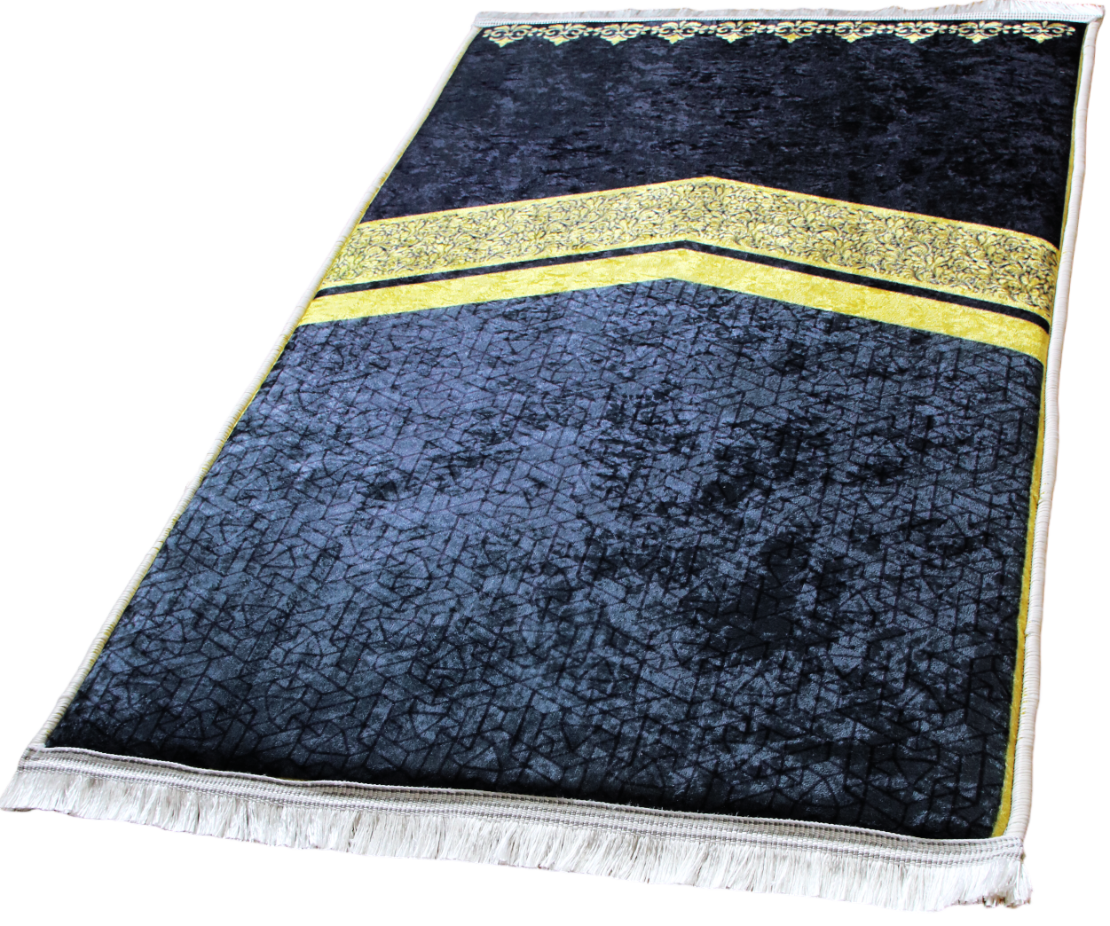 2 CM (0.8 Inch) Foam Thick Padded Prayer Rug Mat With Soft Velvet Anti-Slip Kaaba Gold Black Islamic Janamaz Muslim Sejadah