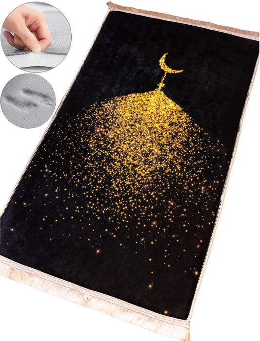 2 CM (0.8 Inch) Foam Thick Padded Prayer Rug Mat With Soft Velvet Anti-Slip Black Gold Moon Islamic Janamaz Muslim Sejadah