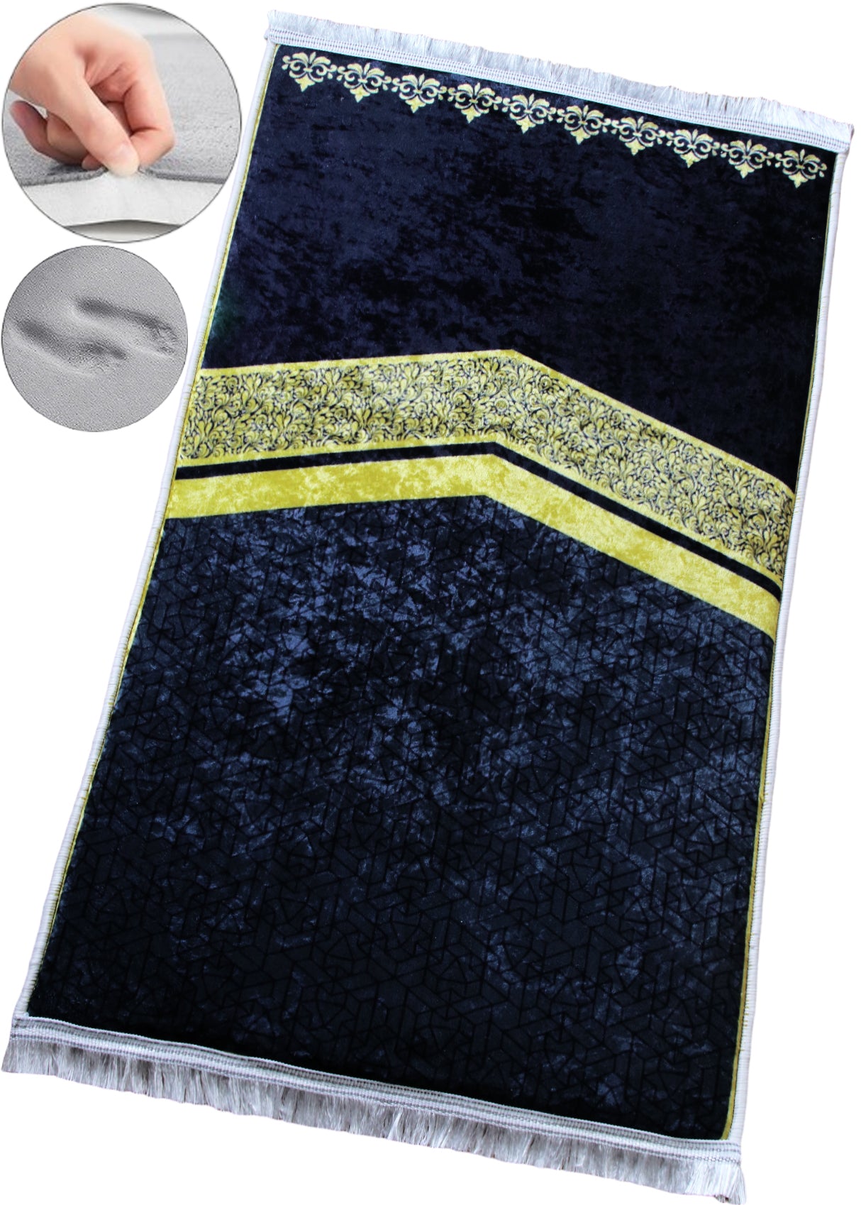 2 CM (0.8 Inch) Foam Thick Padded Prayer Rug Mat With Soft Velvet Anti-Slip Kaaba Gold Black Islamic Janamaz Muslim Sejadah