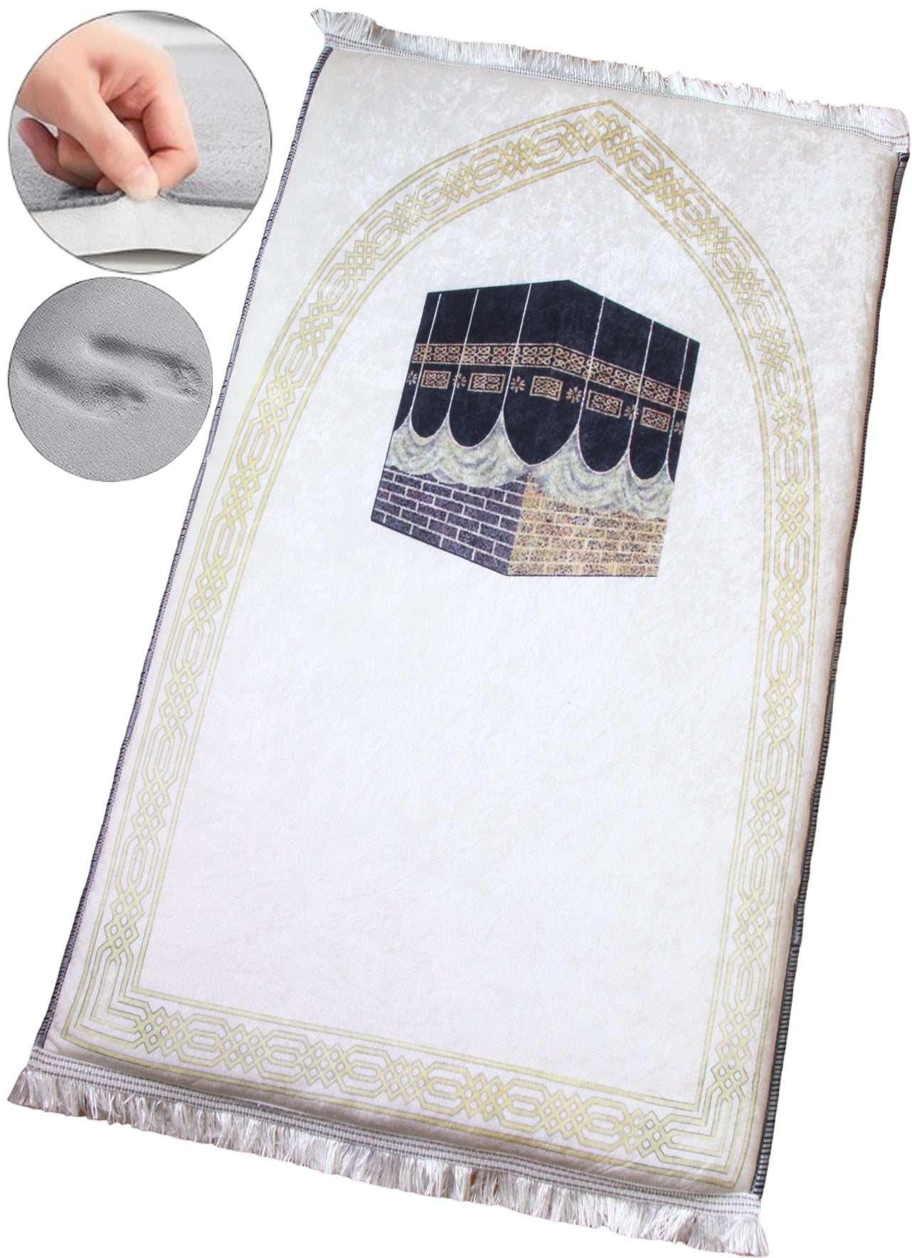 3 CM (1.2 Inch) Foam Thick Padded Prayer Rug Mat With Soft Velvet Anti-Slip Islamic White Kaaba Janamaz Muslim Sejadah