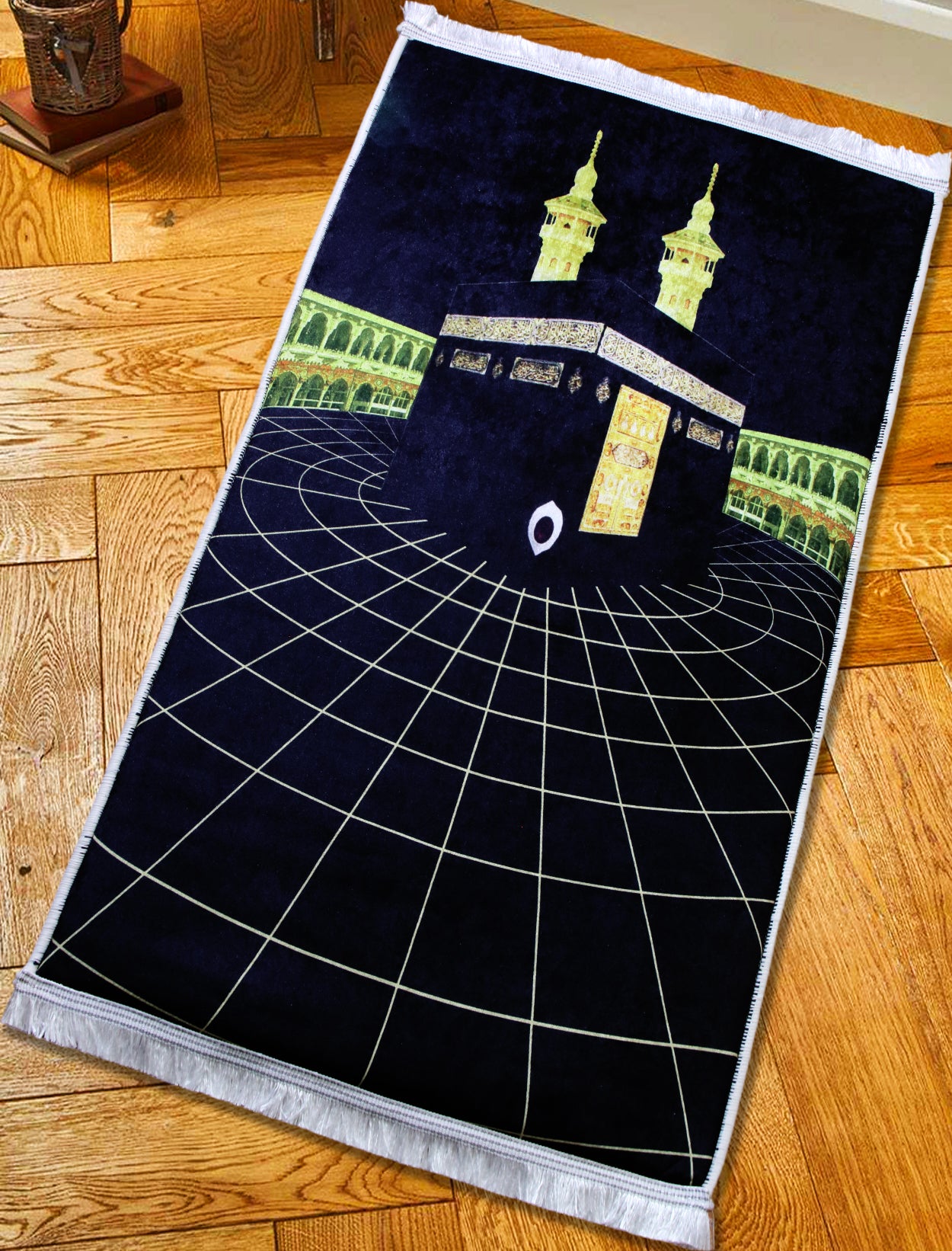 2 CM (0.8 Inch) Foam Thick Padded Prayer Rug Mat With Soft Velvet Anti-Slip Black Kaaba Gold Islamic Janamaz Muslim Sejadah