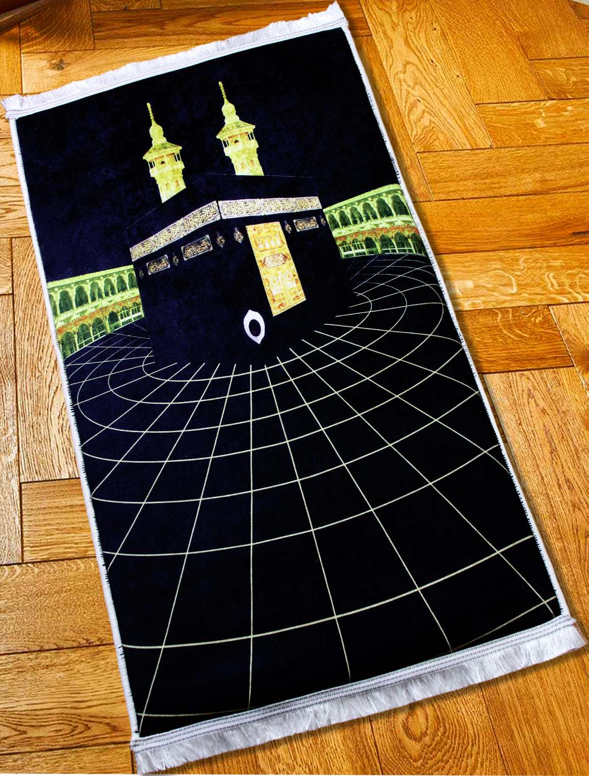 2 CM (0.8 Inch) Foam Thick Padded Prayer Rug Mat With Soft Velvet Anti-Slip Black Kaaba Gold Islamic Janamaz Muslim Sejadah