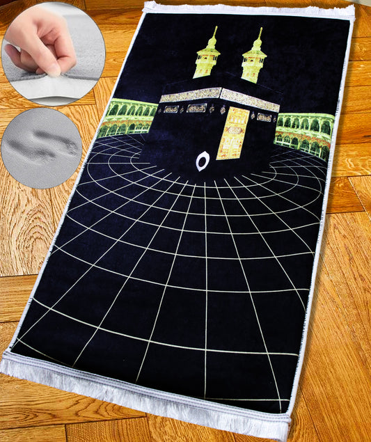 2 CM (0.8 Inch) Foam Thick Padded Prayer Rug Mat With Soft Velvet Anti-Slip Gold Black Kaaba Islamic Janamaz Muslim Sejadah