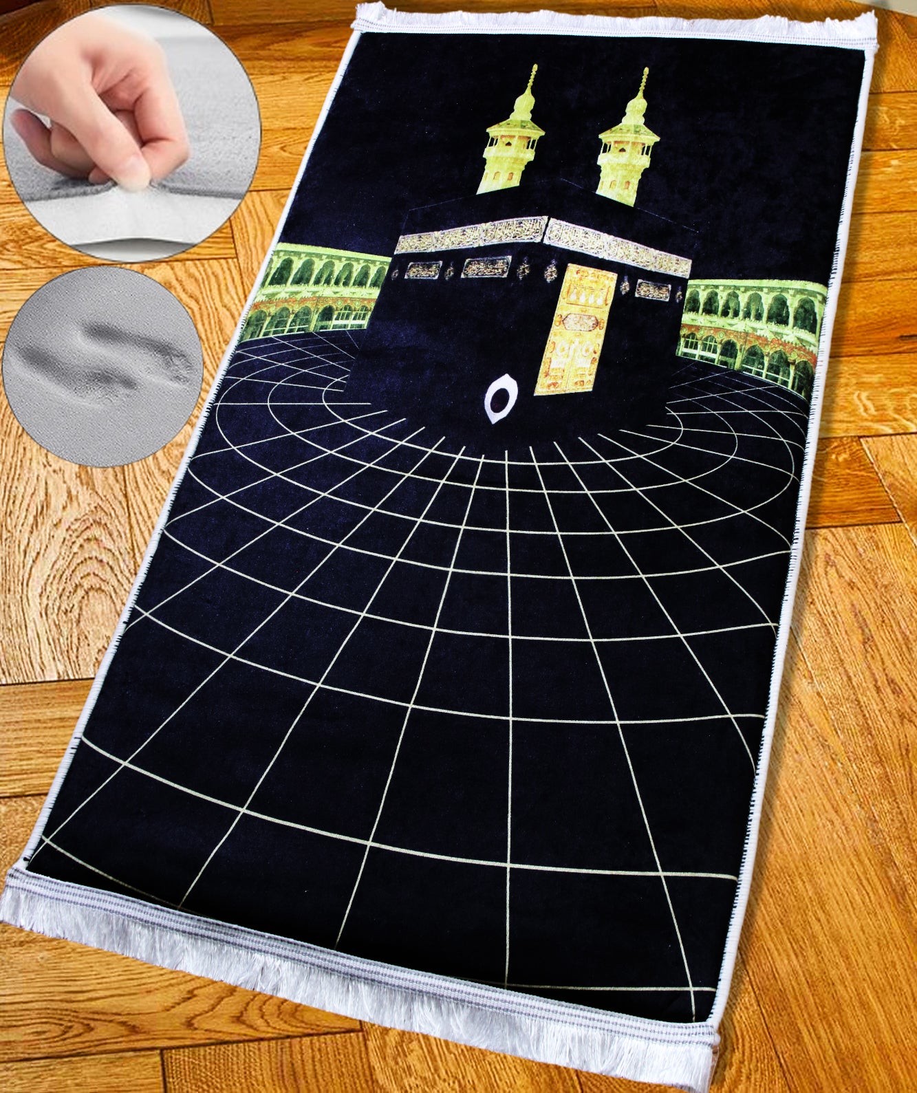 2 CM (0.8 Inch) Foam Thick Padded Prayer Rug Mat With Soft Velvet Anti-Slip Black Kaaba Gold Islamic Janamaz Muslim Sejadah