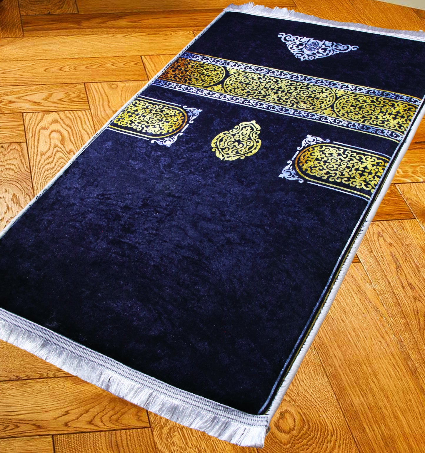 2 CM (0.8 Inch) Foam Thick Padded Prayer Rug Mat With Soft Velvet Anti-Slip Black Gold Kaaba Islamic Janamaz Muslim Sejadah