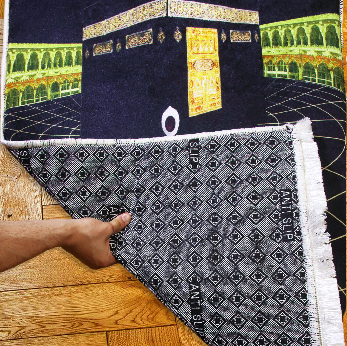 2 CM (0.8 Inch) Foam Thick Padded Prayer Rug Mat With Soft Velvet Anti-Slip Black Kaaba Gold Islamic Janamaz Muslim Sejadah