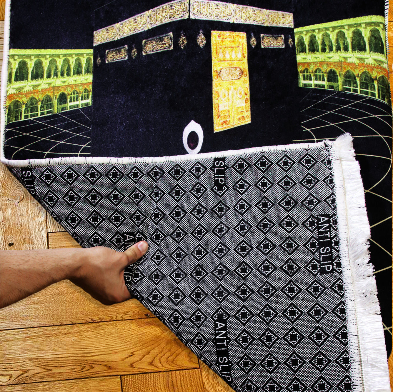 2 CM (0.8 Inch) Foam Thick Padded Prayer Rug Mat With Soft Velvet Anti-Slip Gold Black Kaaba Islamic Janamaz Muslim Sejadah