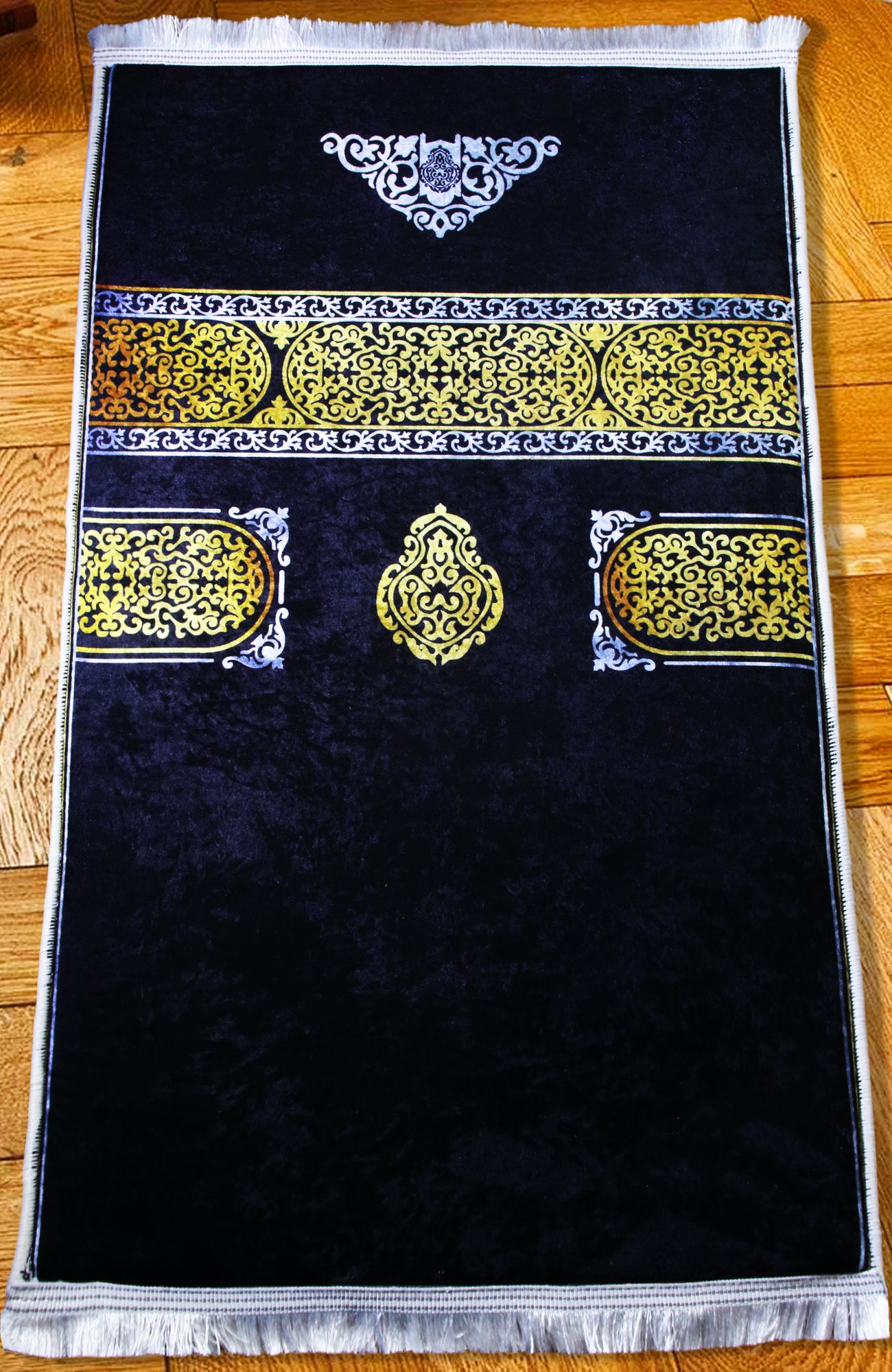 2 CM (0.8 Inch) Foam Thick Padded Prayer Rug Mat With Soft Velvet Anti-Slip Black Gold Kaaba Islamic Janamaz Muslim Sejadah