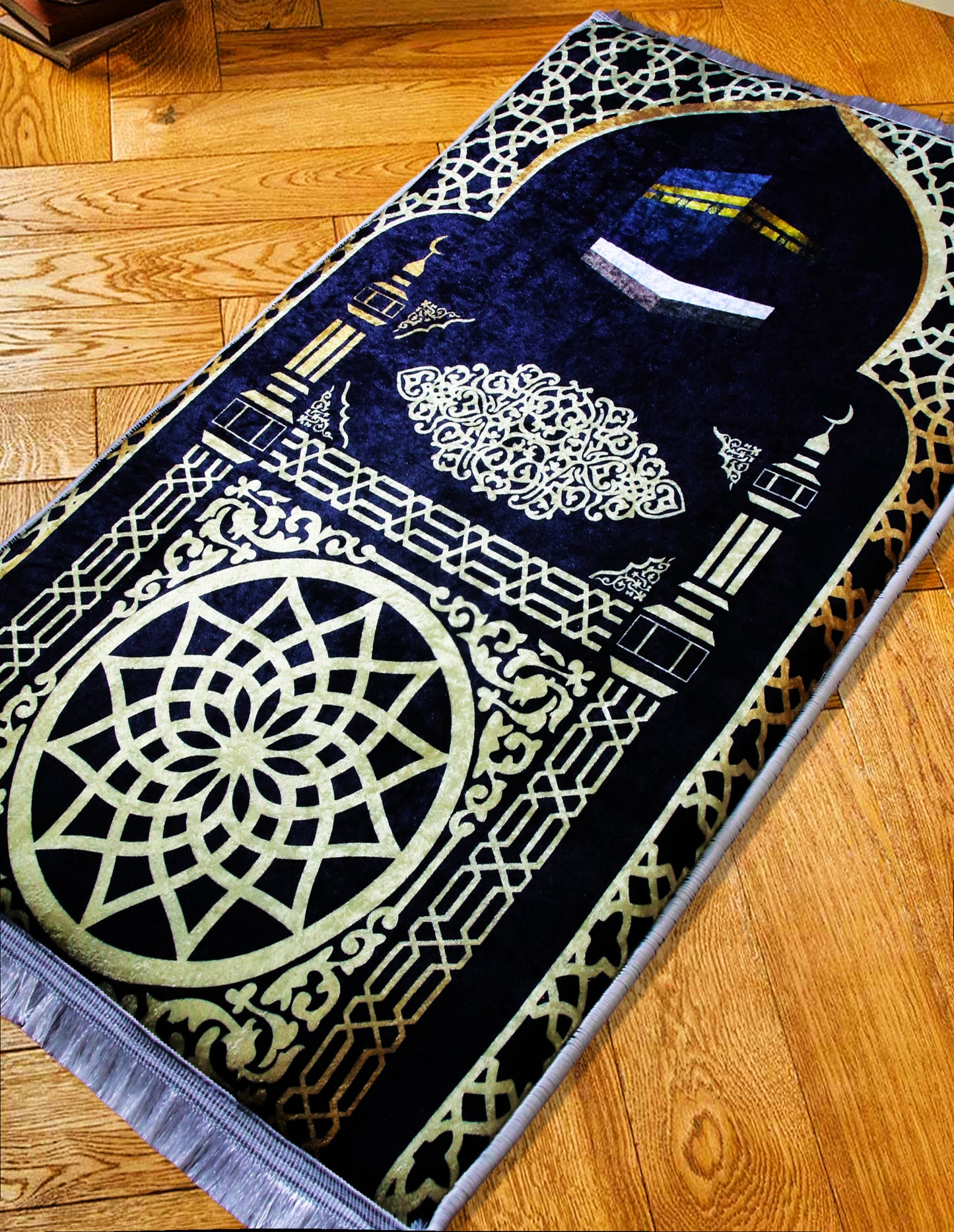 3 CM (1.2 Inch) Foam Thick Padded Prayer Rug Mat With Soft Velvet Anti-Slip Islamic Gold Kaaba Janamaz Muslim Sejadah