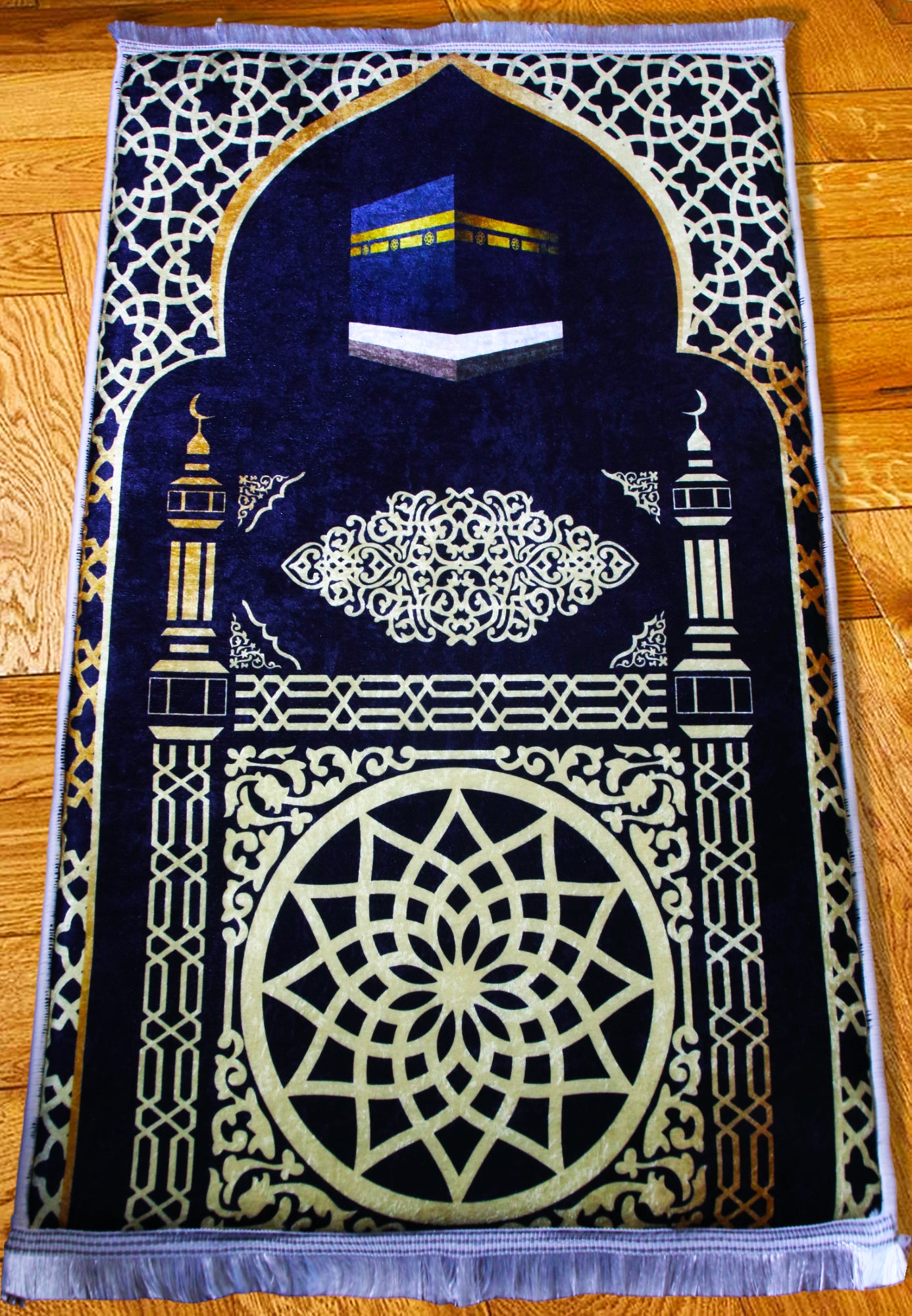 3 CM (1.2 Inch) Foam Thick Padded Prayer Rug Mat With Soft Velvet Anti-Slip Islamic Gold Kaaba Janamaz Muslim Sejadah