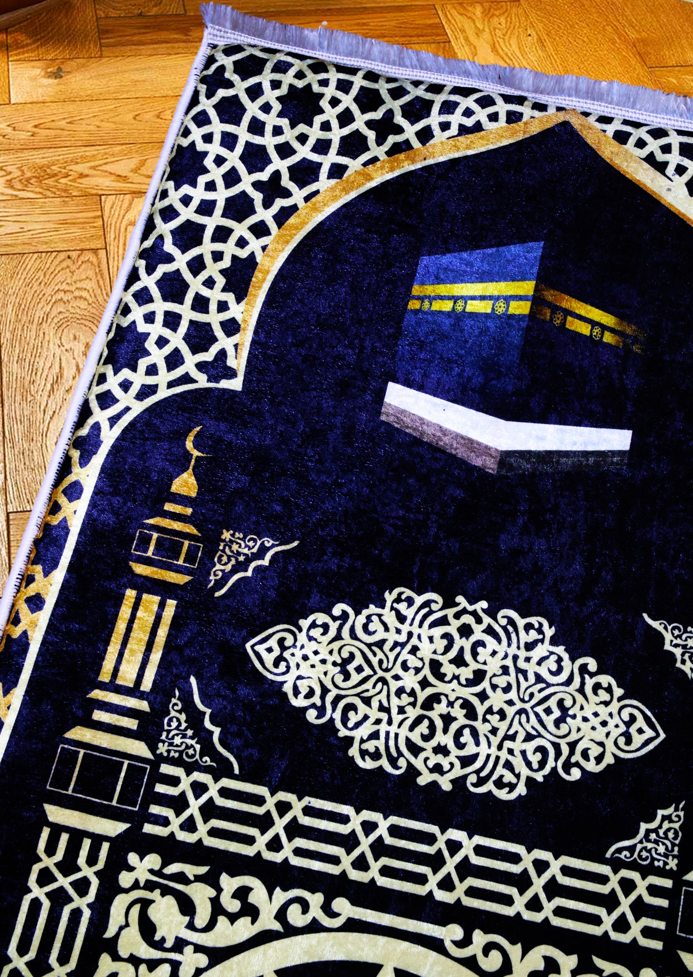 3 CM (1.2 Inch) Foam Thick Padded Prayer Rug Mat With Soft Velvet Anti-Slip Islamic Gold Kaaba Janamaz Muslim Sejadah