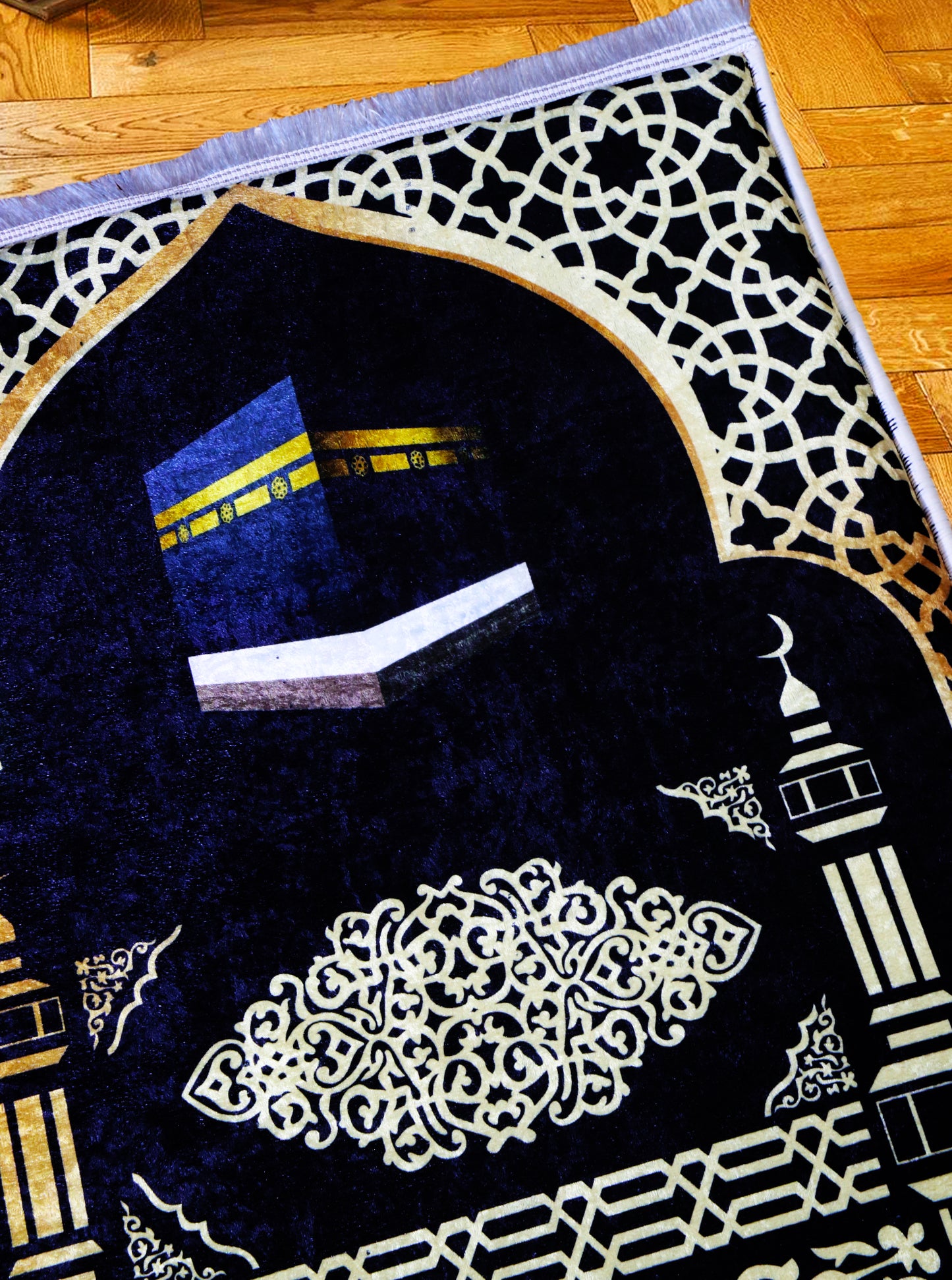 3 CM (1.2 Inch) Foam Thick Padded Prayer Rug Mat With Soft Velvet Anti-Slip Islamic Gold Kaaba Janamaz Muslim Sejadah