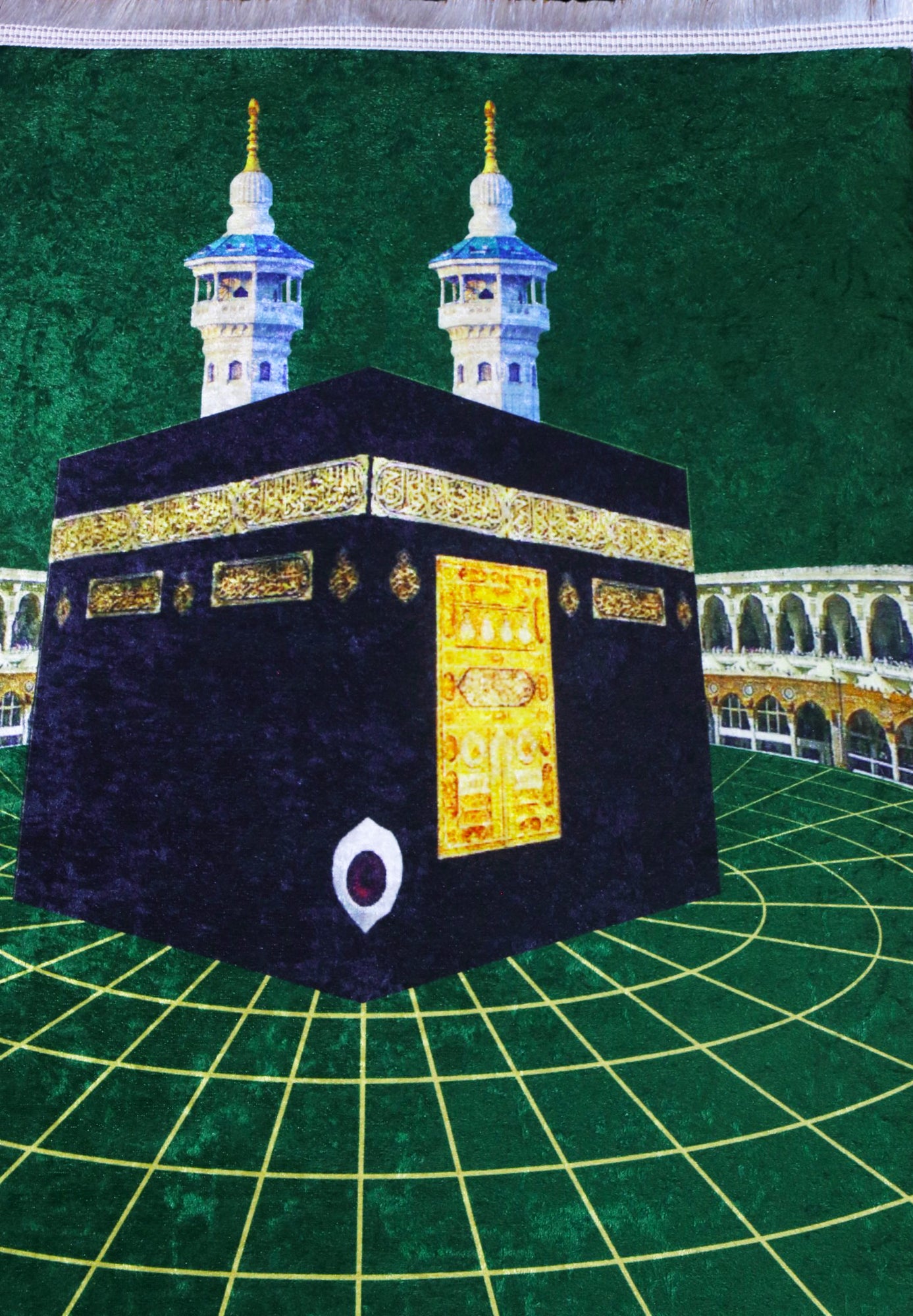 2 CM (0.8 Inch) Foam Thick Padded Prayer Rug Mat With Soft Velvet Anti-Slip Green Kaaba Gold Islamic Janamaz Muslim Sejadah