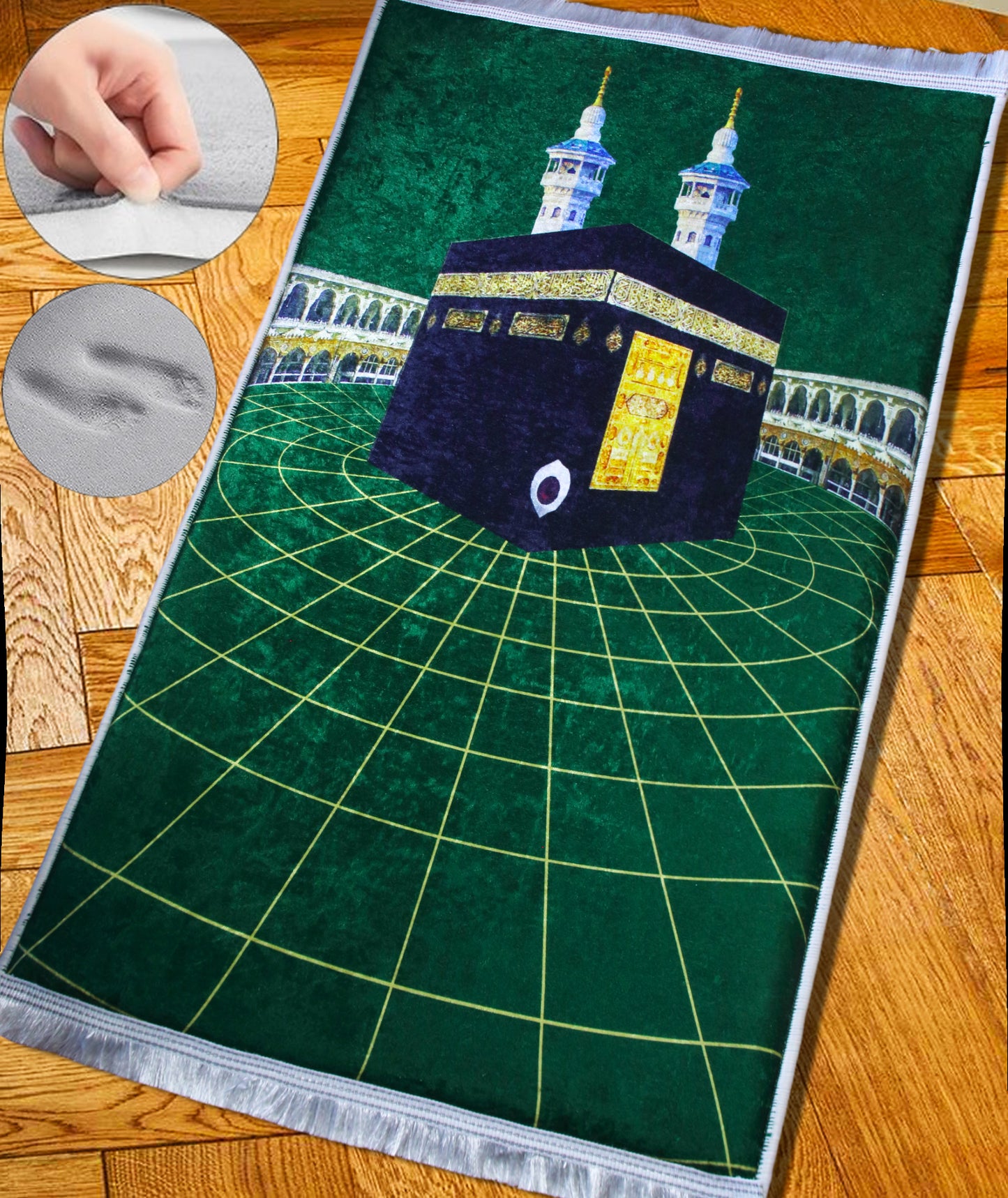 2 CM (0.8 Inch) Foam Thick Padded Prayer Rug Mat With Soft Velvet Anti-Slip Green Kaaba Gold Islamic Janamaz Muslim Sejadah